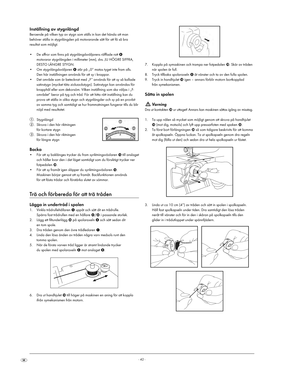Kompernass KH 4001 manual Trä och förbereda för att trä tråden, Inställning av stygnlängd, Backa, Sätta in spolen 