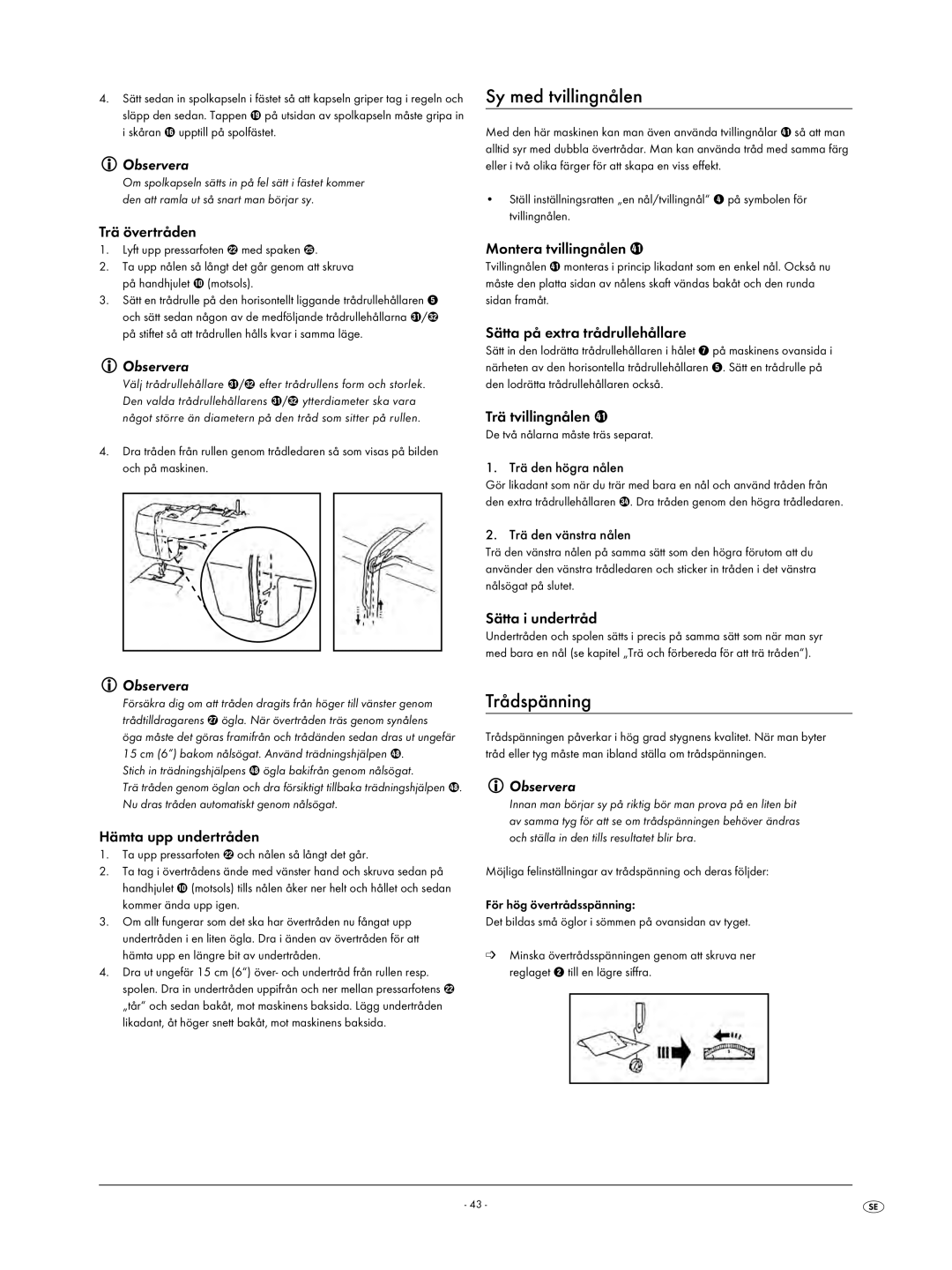 Kompernass KH 4001 manual Sy med tvillingnålen, Trådspänning 