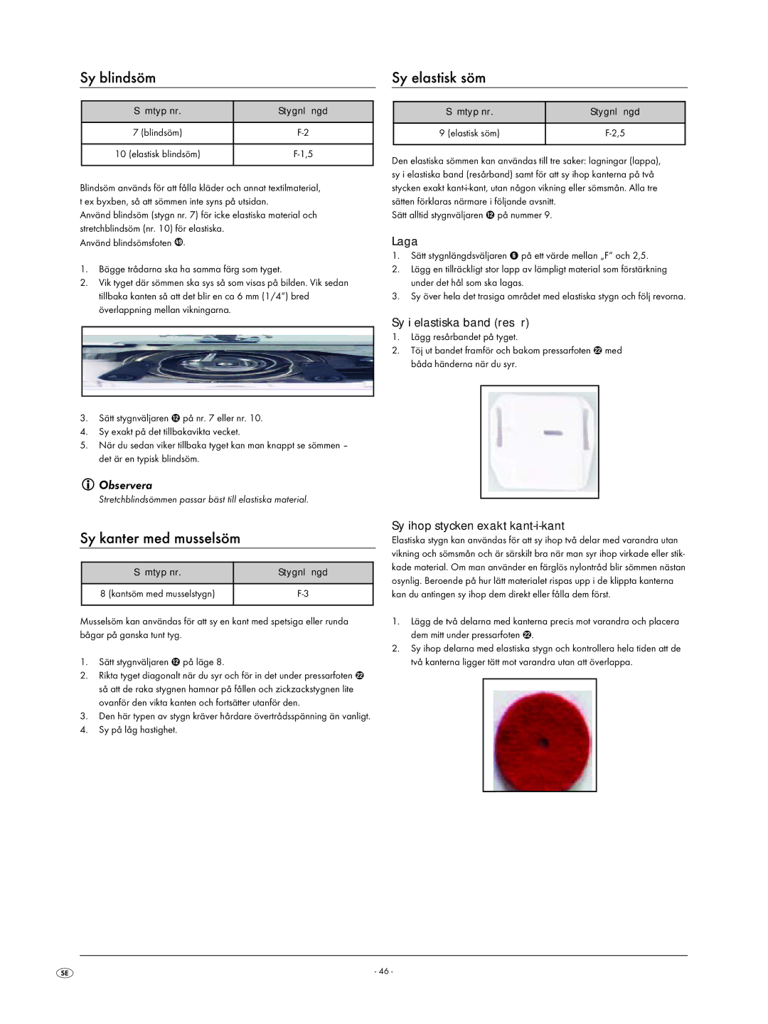 Kompernass KH 4001 manual Sy blindsöm, Sy kanter med musselsöm, Sy elastisk söm, Sy i elastiska band resår 