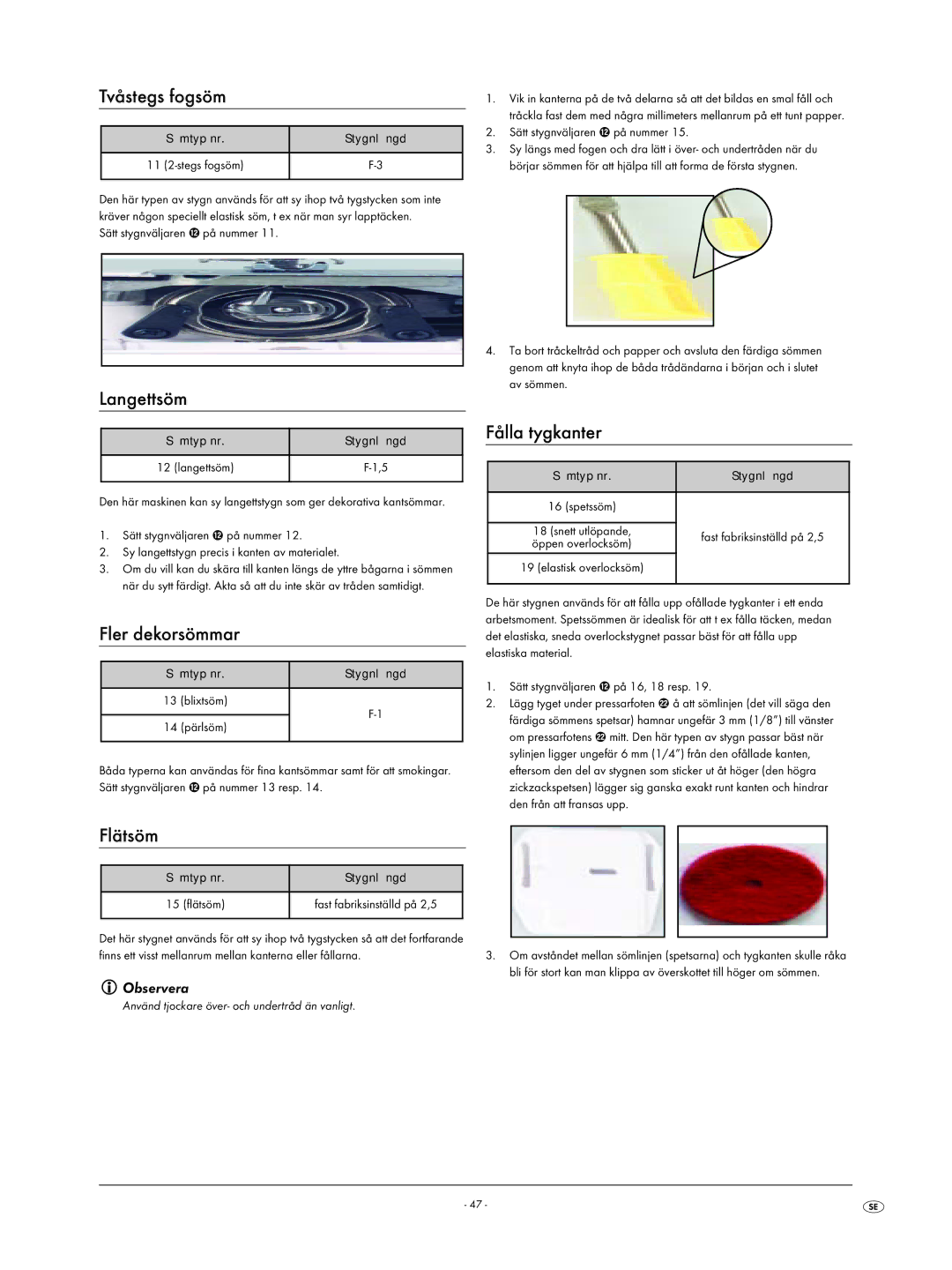 Kompernass KH 4001 manual Tvåstegs fogsöm, Langettsöm, Fler dekorsömmar, Fålla tygkanter, Flätsöm 