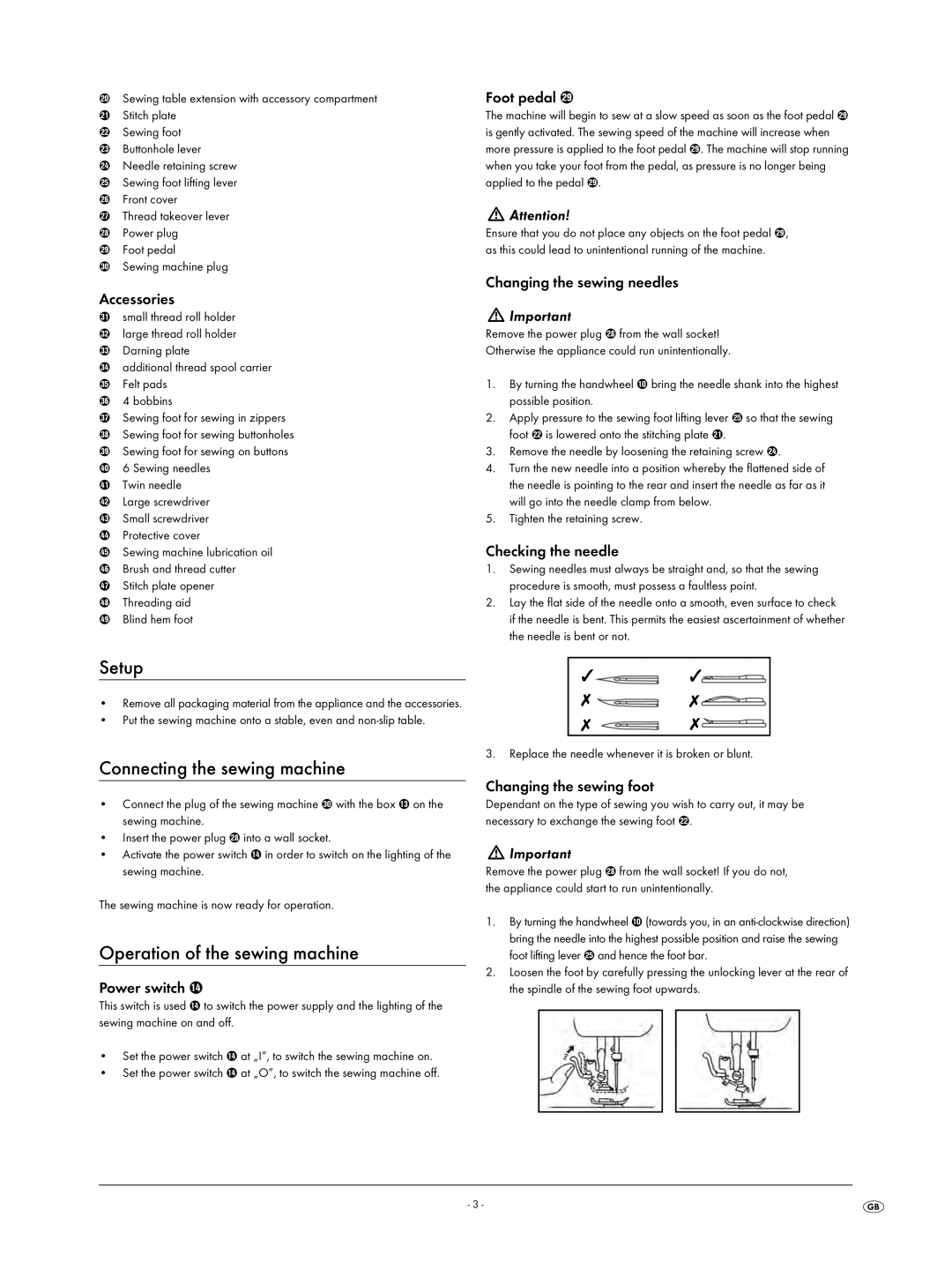 Kompernass KH 4001 manual Setup, Connecting the sewing machine, Operation of the sewing machine 