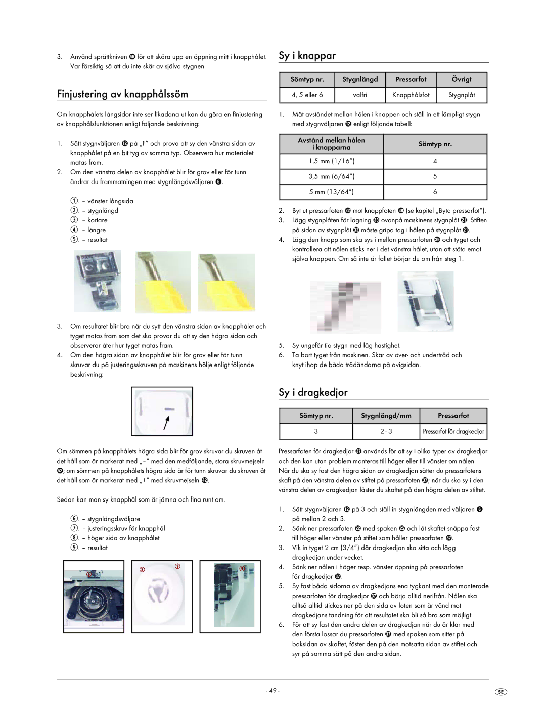 Kompernass KH 4001 manual Finjustering av knapphålssöm, Sy i knappar, Sy i dragkedjor 