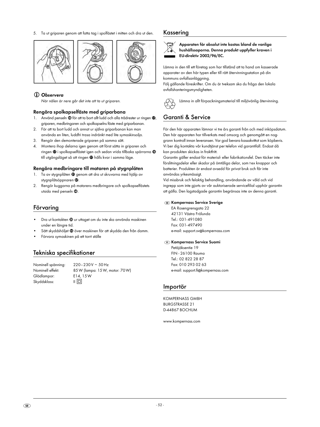 Kompernass KH 4001 manual Förvaring, Tekniska specifikationer, Kassering, Garanti & Service, Importör 