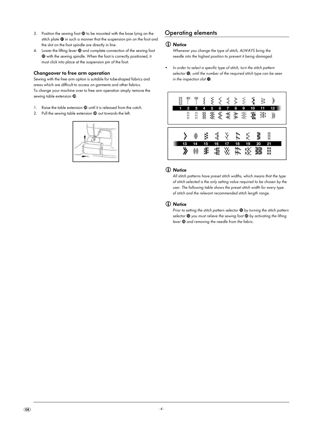 Kompernass KH 4001 manual Operating elements, Changeover to free arm operation 