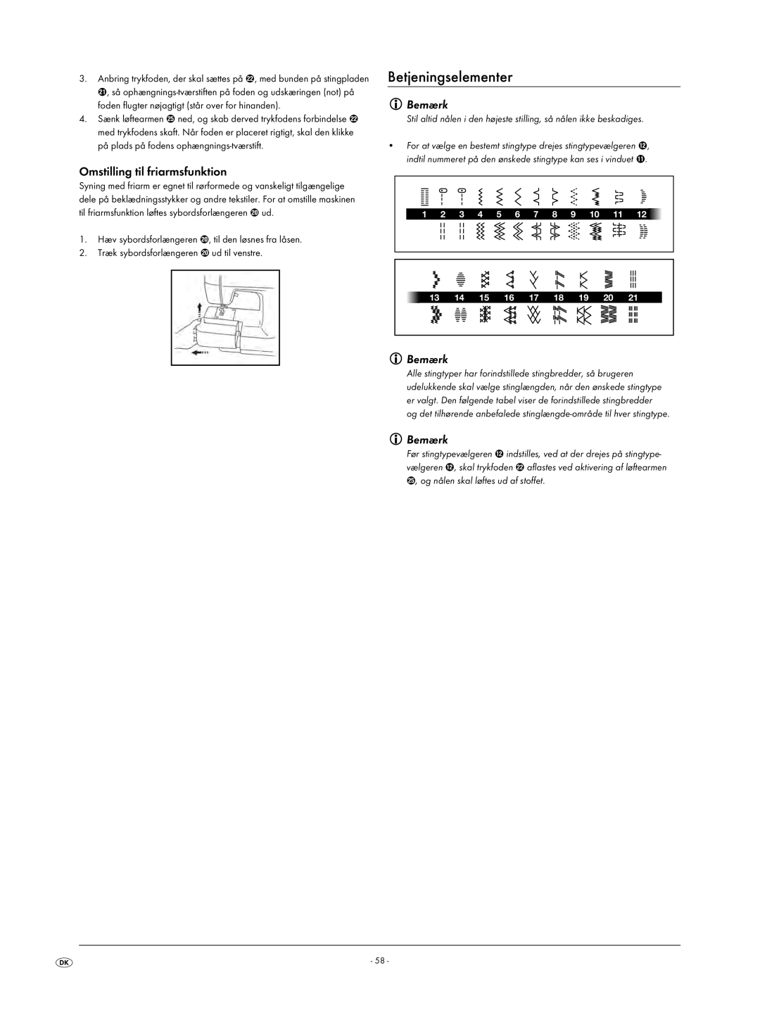 Kompernass KH 4001 manual Betjeningselementer, Omstilling til friarmsfunktion 