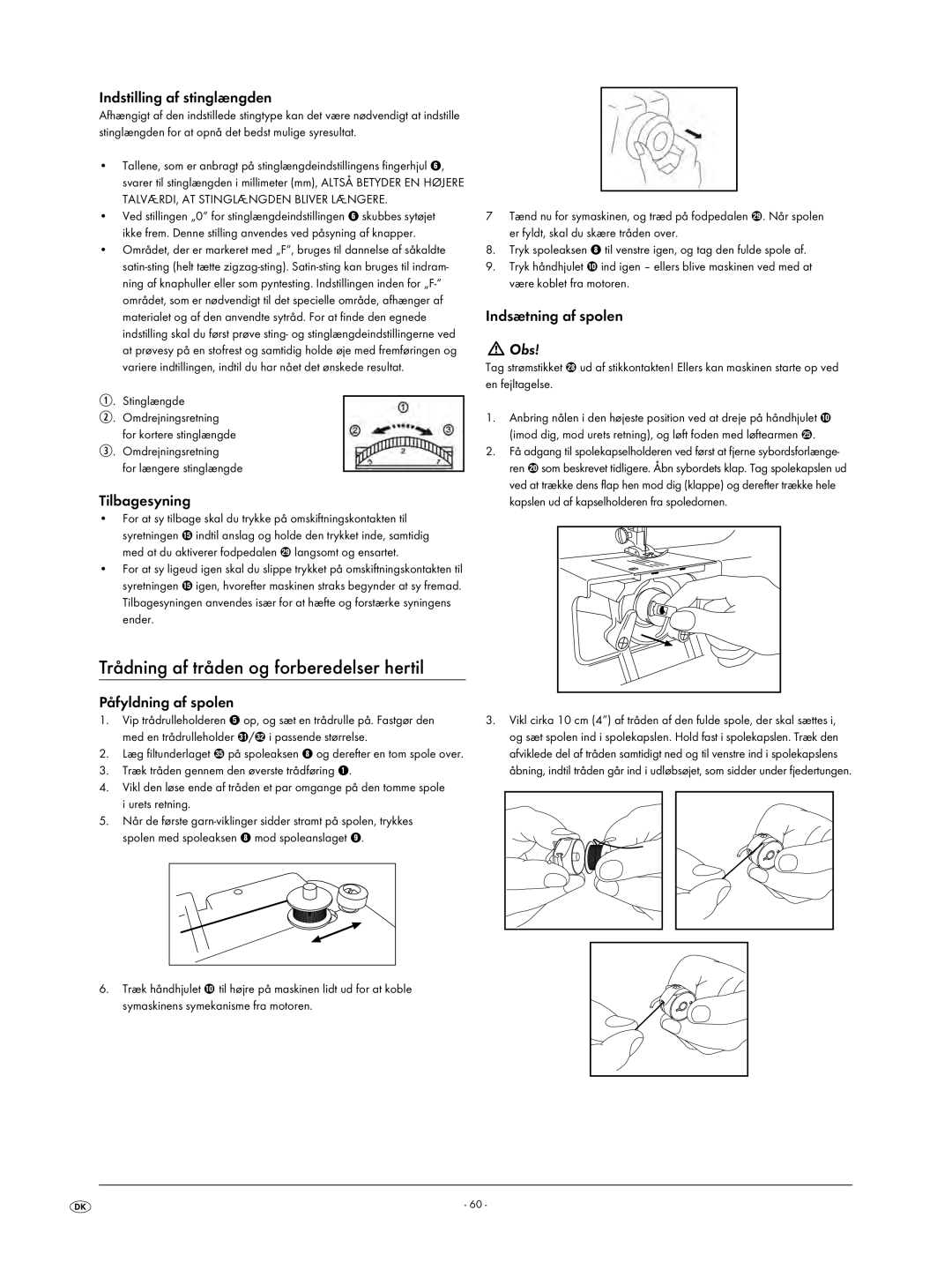 Kompernass KH 4001 manual Trådning af tråden og forberedelser hertil, Indstilling af stinglængden, Tilbagesyning 