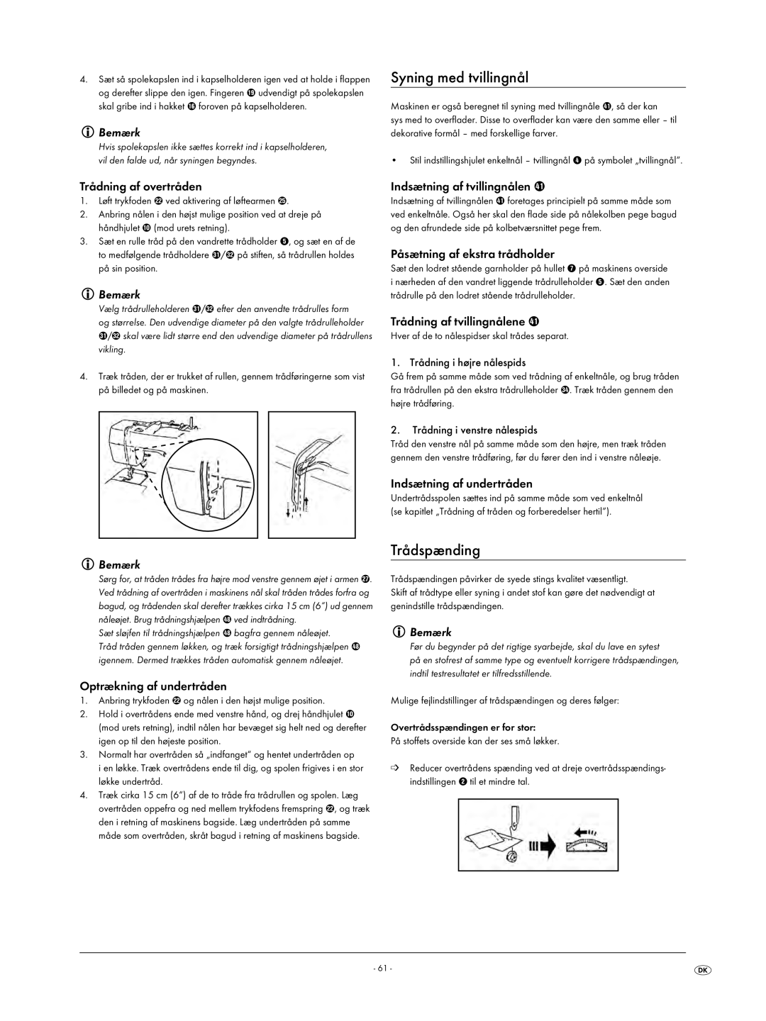 Kompernass KH 4001 manual Syning med tvillingnål, Trådspænding 