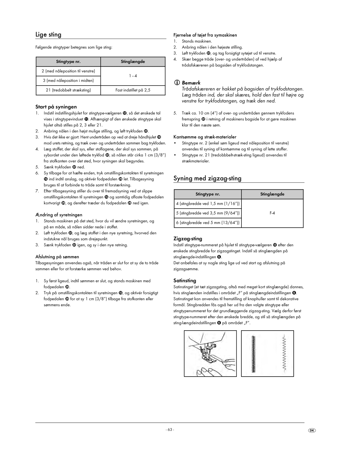 Kompernass KH 4001 manual Lige sting, Syning med zigzag-sting, Start på syningen, Zigzag-sting, Satinsting 