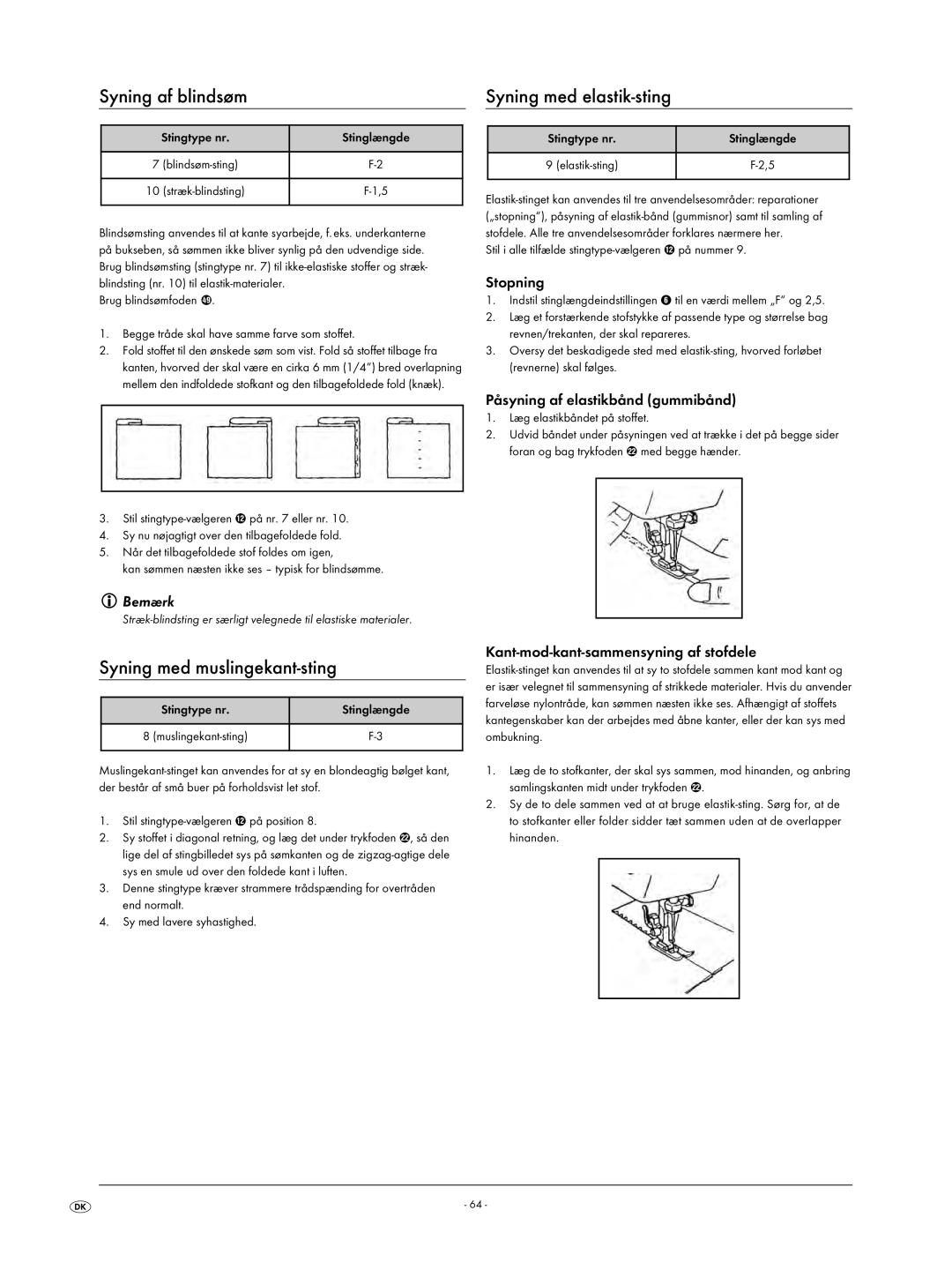 Kompernass KH 4001 manual Syning af blindsøm, Syning med muslingekant-sting, Syning med elastik-sting 