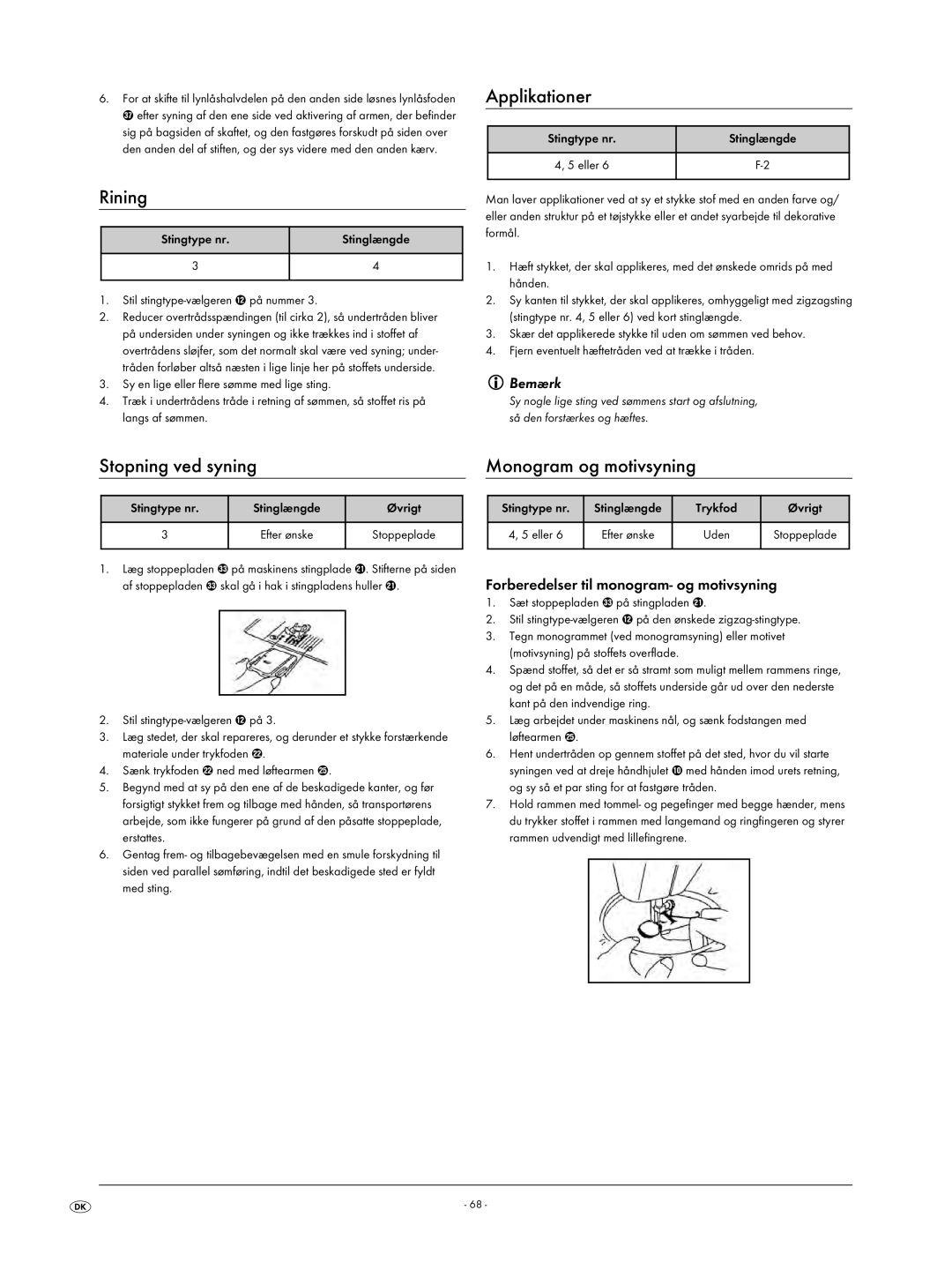 Kompernass KH 4001 manual Rining, Stopning ved syning Monogram og motivsyning, Forberedelser til monogram- og motivsyning 