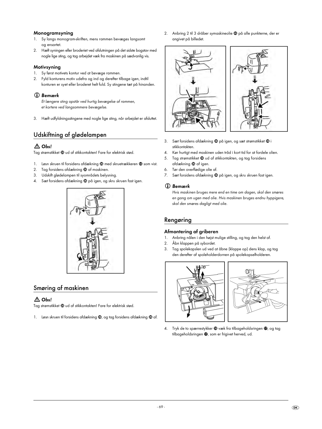 Kompernass KH 4001 manual Udskiftning af glødelampen, Rengøring, Smøring af maskinen 