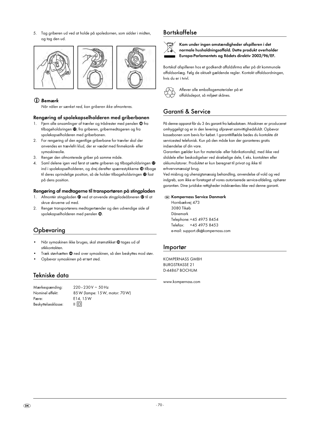 Kompernass KH 4001 manual Opbevaring, Tekniske data, Bortskaffelse, Importør 