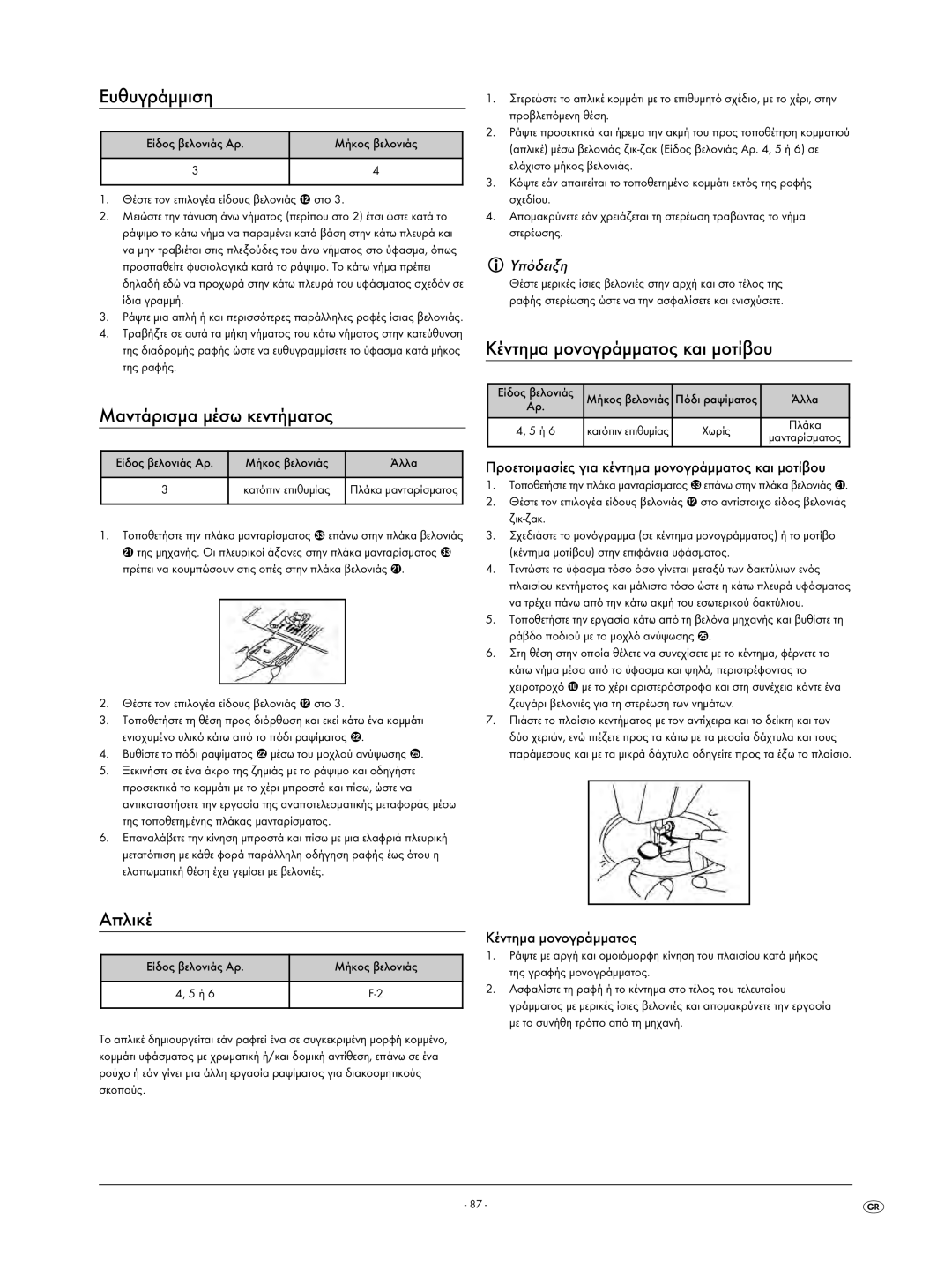 Kompernass KH 4001 manual Ευθυγράμμιση, Μαντάρισμα μέσω κεντήματος, Κέντημα μονογράμματος και μοτίβου, Απλικέ 