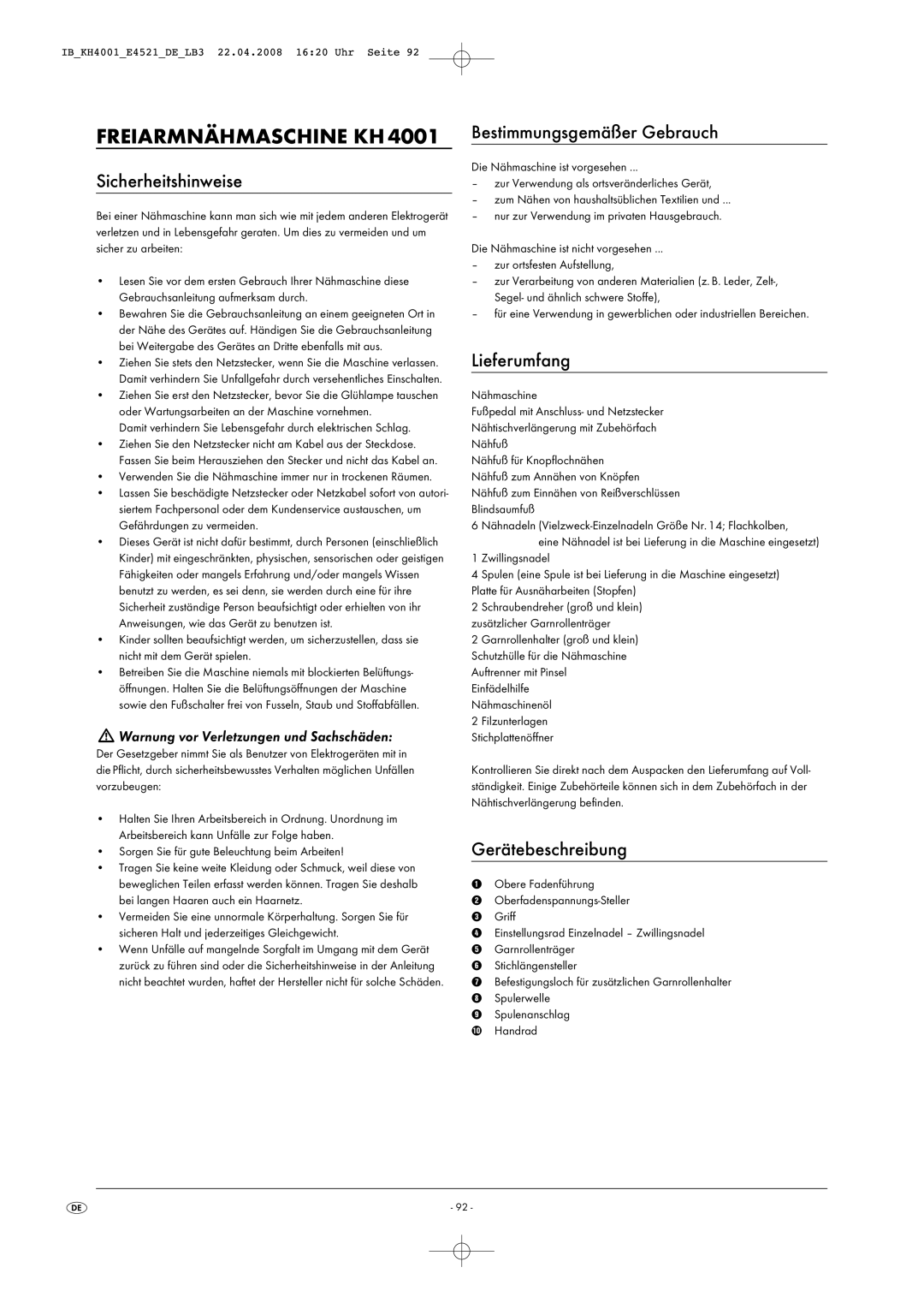 Kompernass KH 4001 manual Freiarmnähmaschine KH, Sicherheitshinweise, Bestimmungsgemäßer Gebrauch, Lieferumfang 