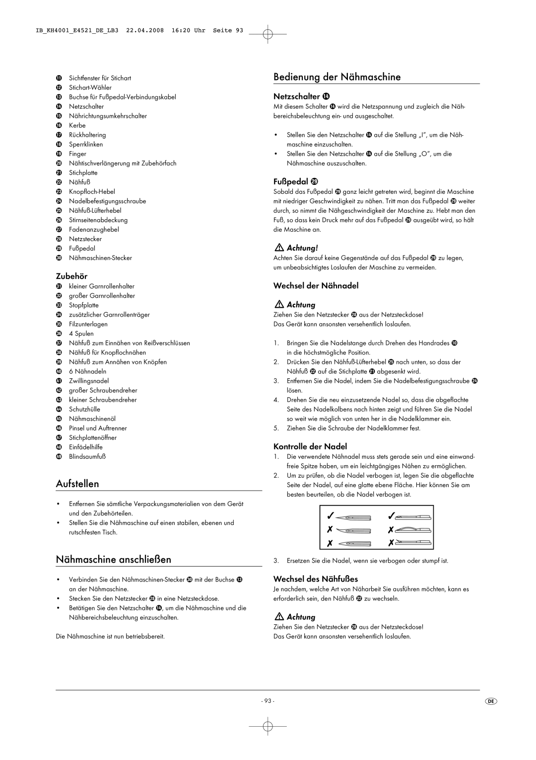 Kompernass KH 4001 manual Aufstellen, Nähmaschine anschließen, Bedienung der Nähmaschine, Achtung 