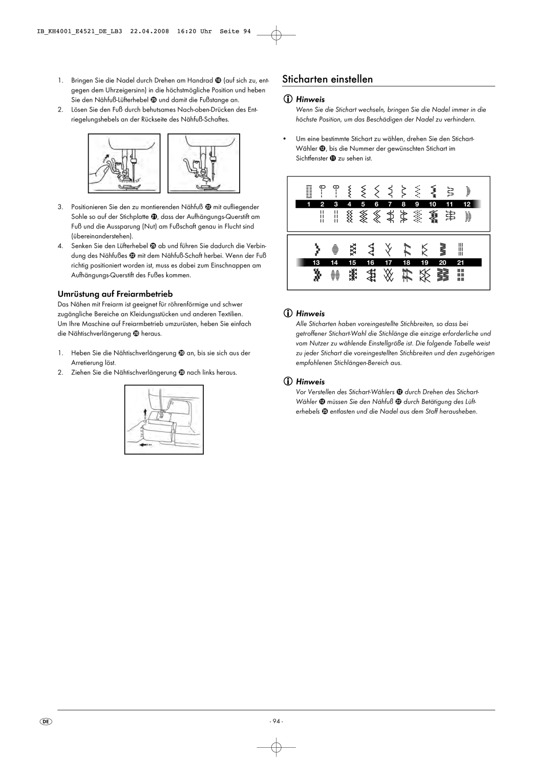 Kompernass KH 4001 manual Sticharten einstellen, Hinweis, Umrüstung auf Freiarmbetrieb 