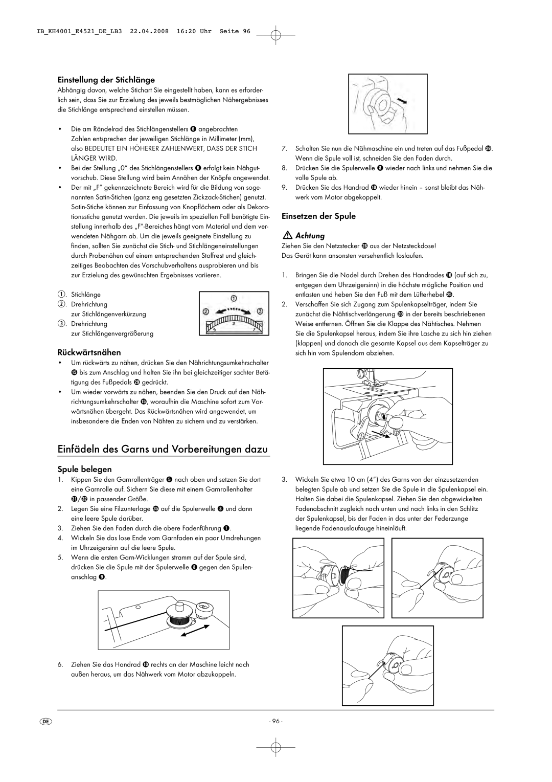 Kompernass KH 4001 manual Einstellung der Stichlänge, Rückwärtsnähen, Spule belegen, Einsetzen der Spule 