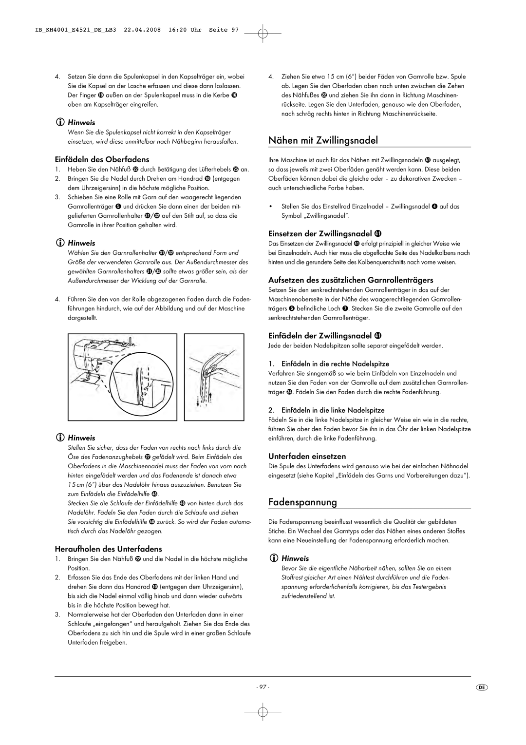 Kompernass KH 4001 manual Nähen mit Zwillingsnadel, Fadenspannung 