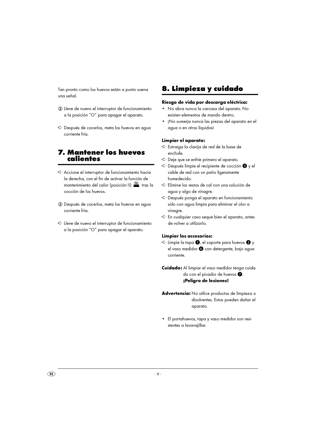 Kompernass KH 401 manual Mantener los huevos calientes, Limpieza y cuidado 