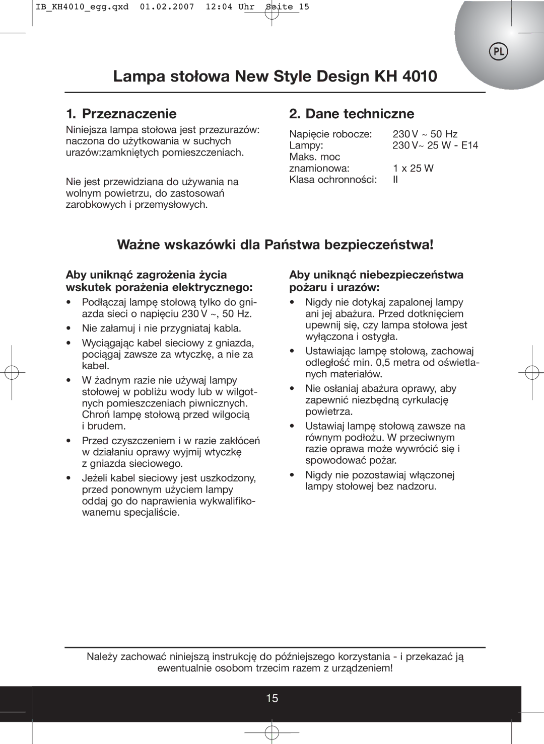 Kompernass KH 4010 operating instructions Lampa stołowa New Style Design KH, Przeznaczenie, Dane techniczne 