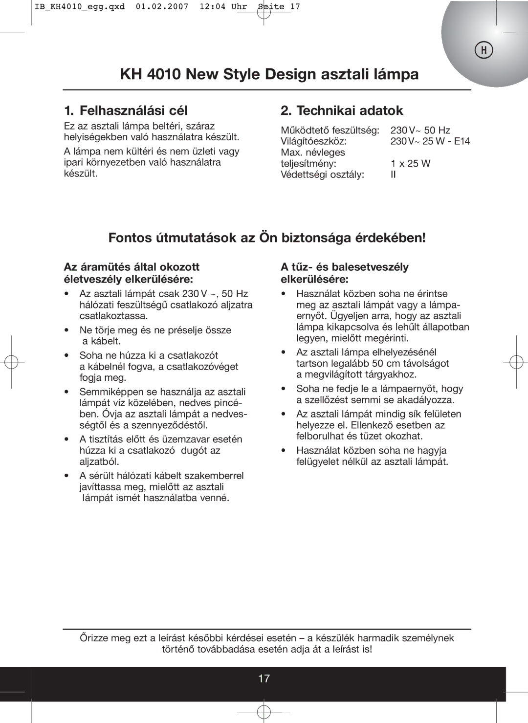 Kompernass operating instructions KH 4010 New Style Design asztali lámpa, Felhasználási cél, Technikai adatok 