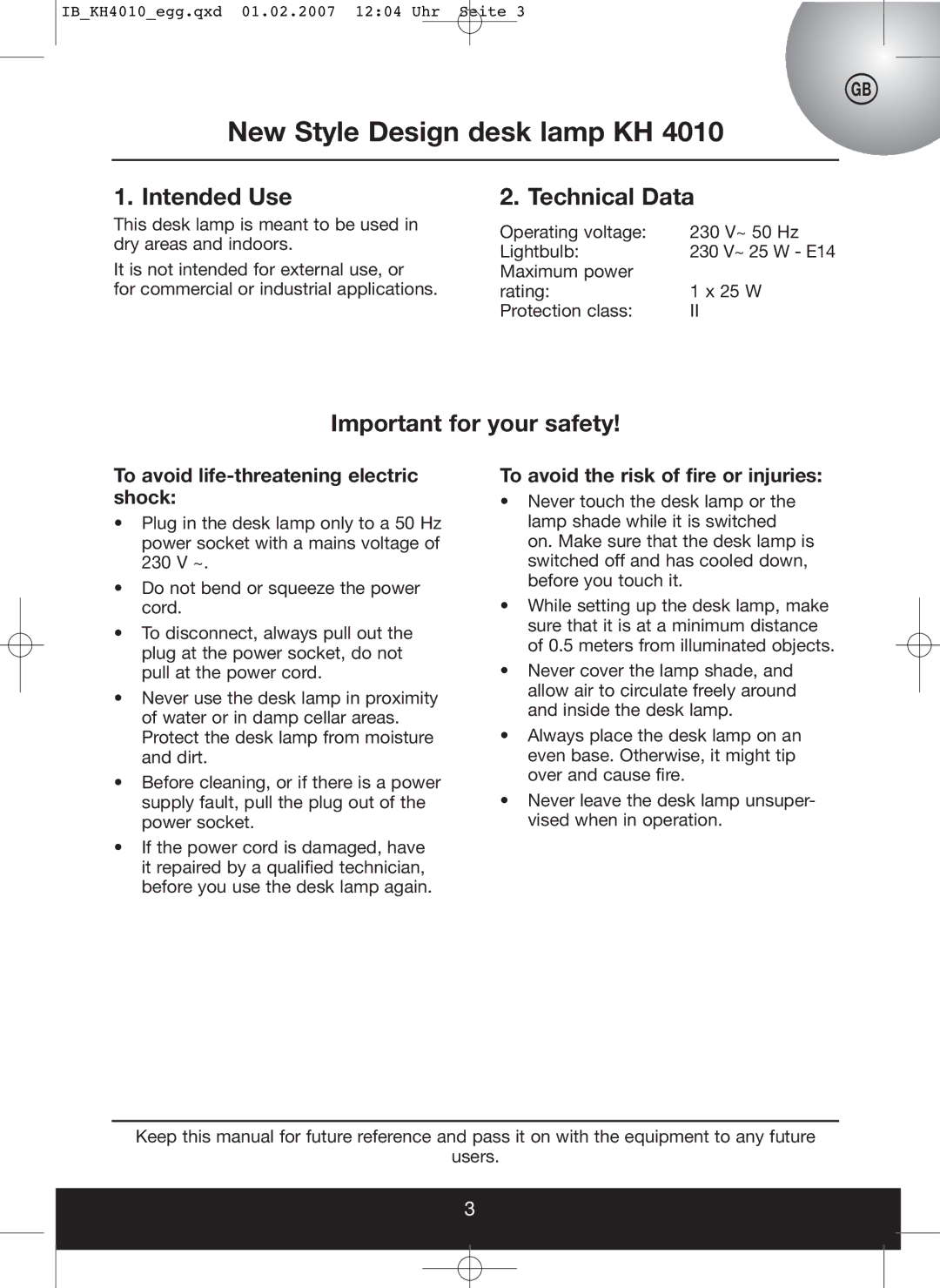 Kompernass KH 4010 New Style Design desk lamp KH, Intended Use, Technical Data, Important for your safety 