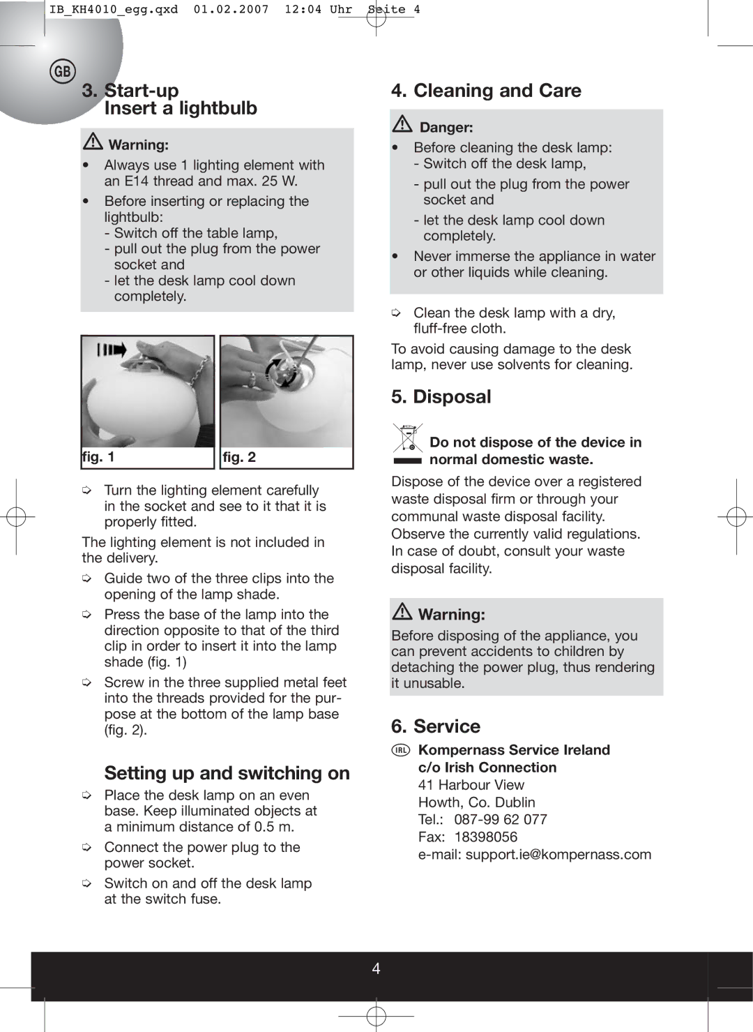 Kompernass KH 4010 Start-up Insert a lightbulb, Setting up and switching on, Cleaning and Care, Disposal, Service 