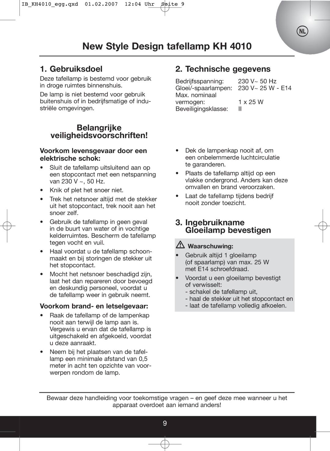 Kompernass KH 4010 New Style Design tafellamp KH, Gebruiksdoel, Technische gegevens, Belangrijke Veiligheidsvoorschriften 