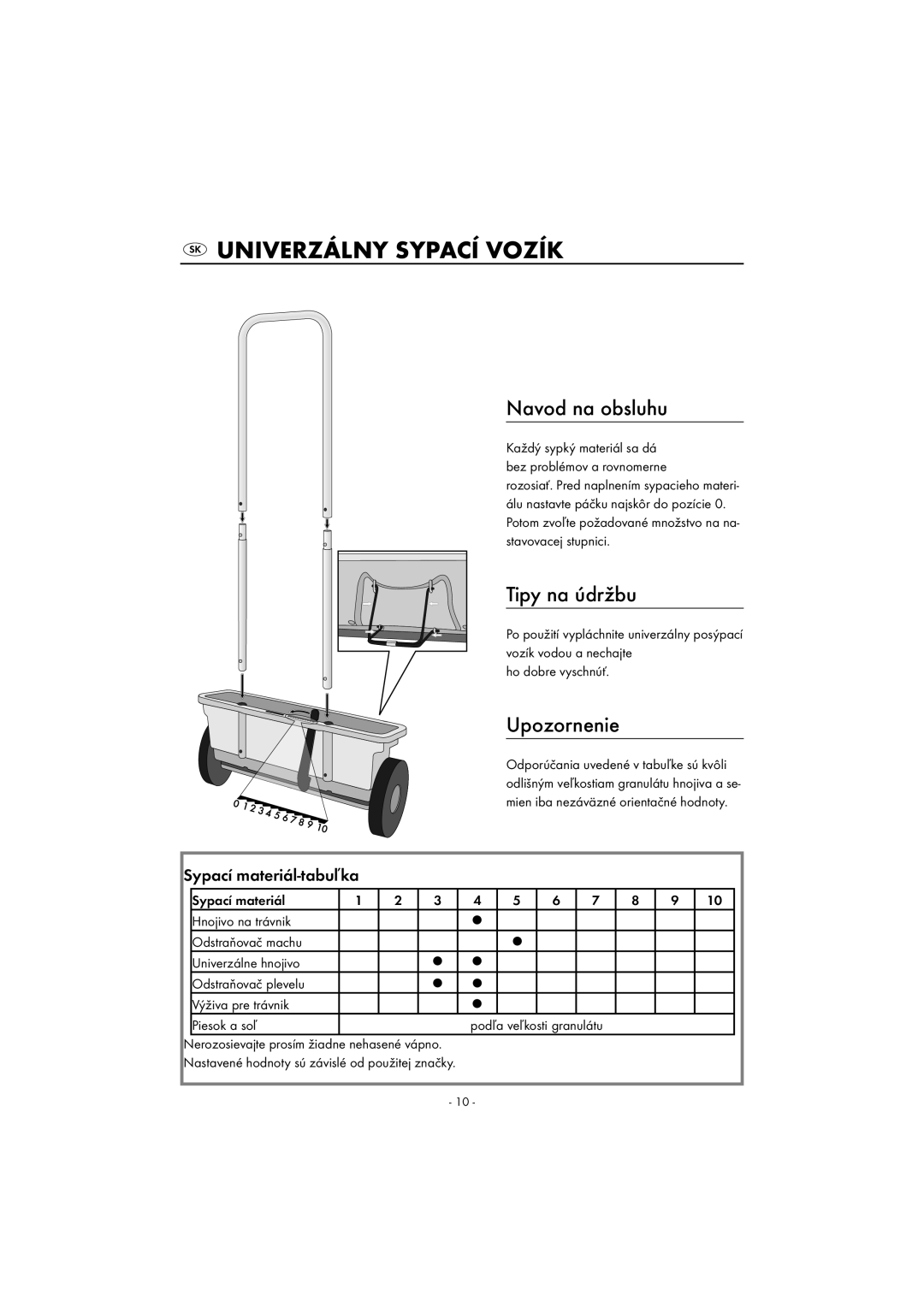 Kompernass KH 4032 manual Univerzálny Sypací Vozík, Navod na obsluhu, Tipy na údržbu, Upozornenie, Sypací materiál-tabuľka 