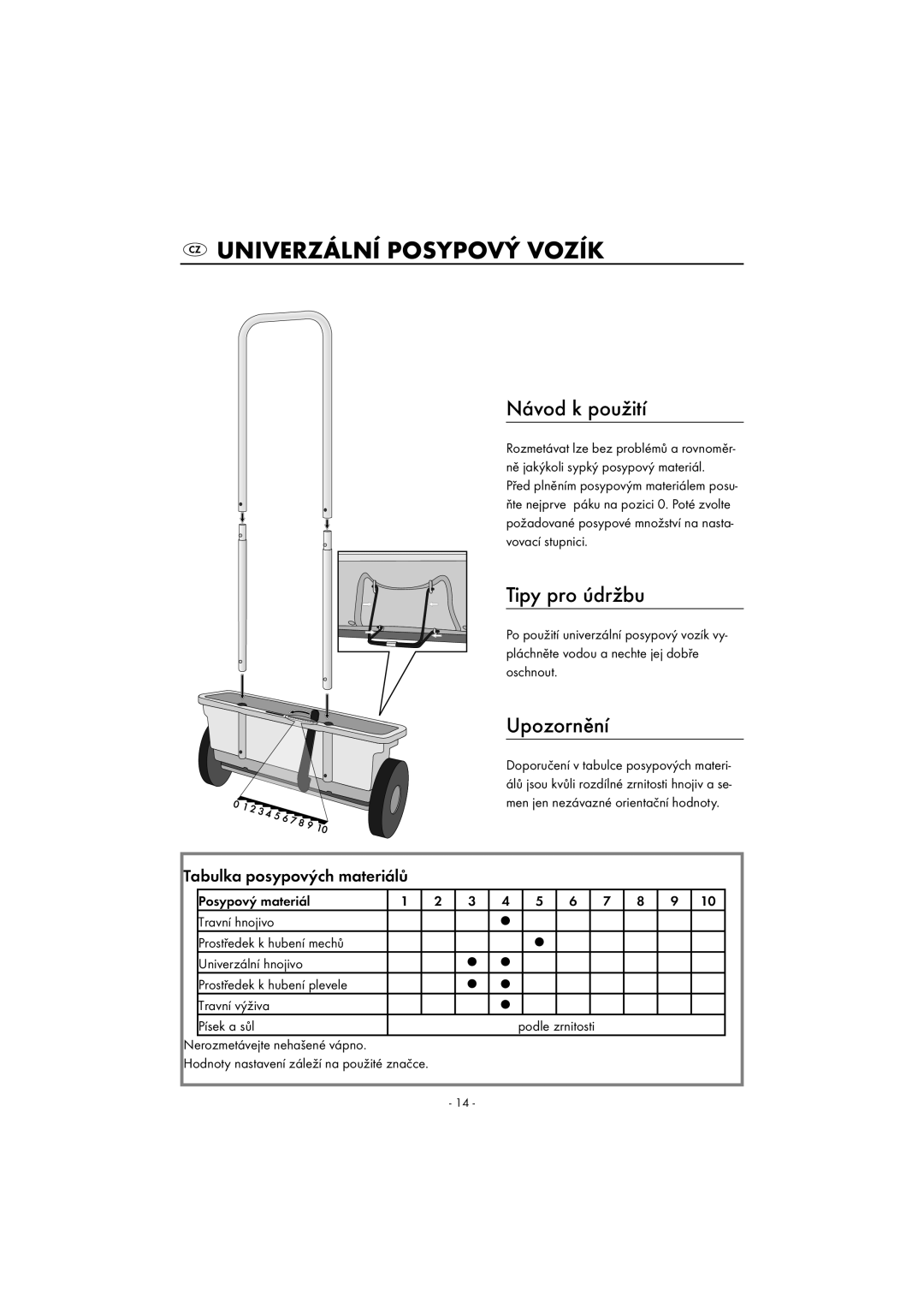 Kompernass KH 4032 Univerzální Posypový Vozík, Návod k použití, Tipy pro údržbu, Upozornění, Tabulka posypových materiálů 