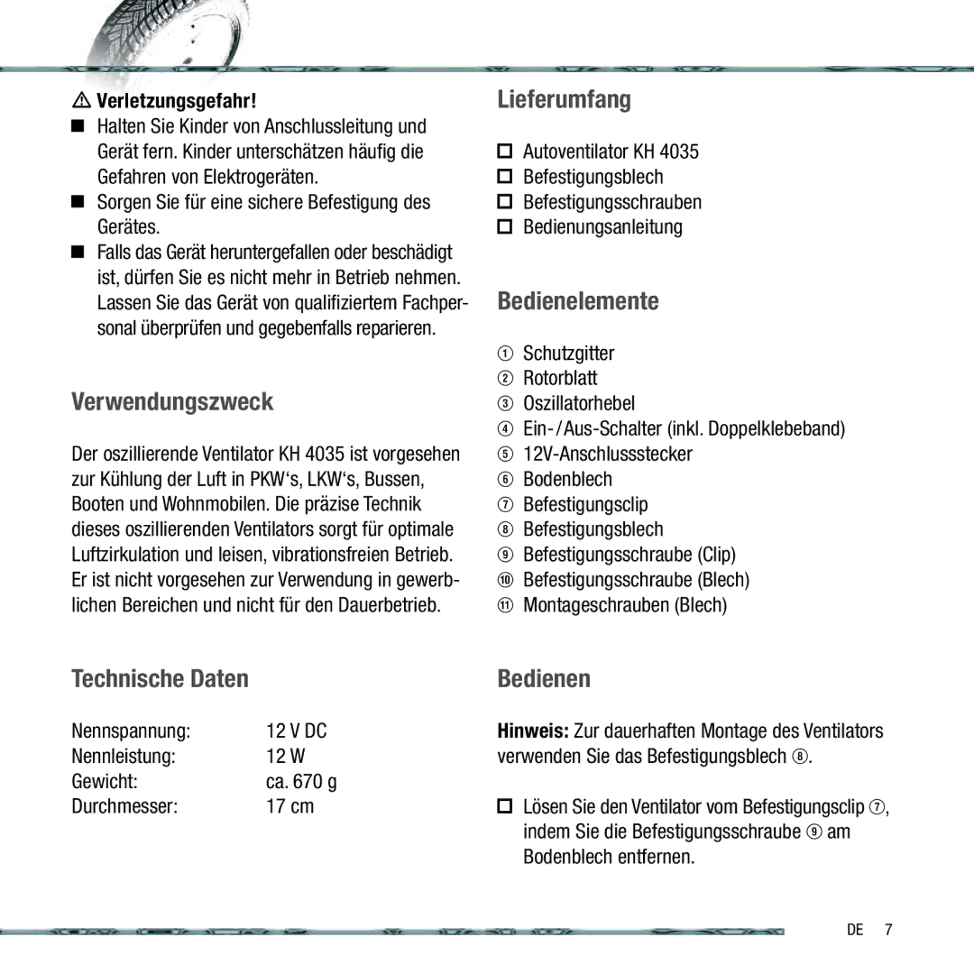 Kompernass KH 4035 manual Lieferumfang, Bedienelemente, Verwendungszweck, Bedienen 