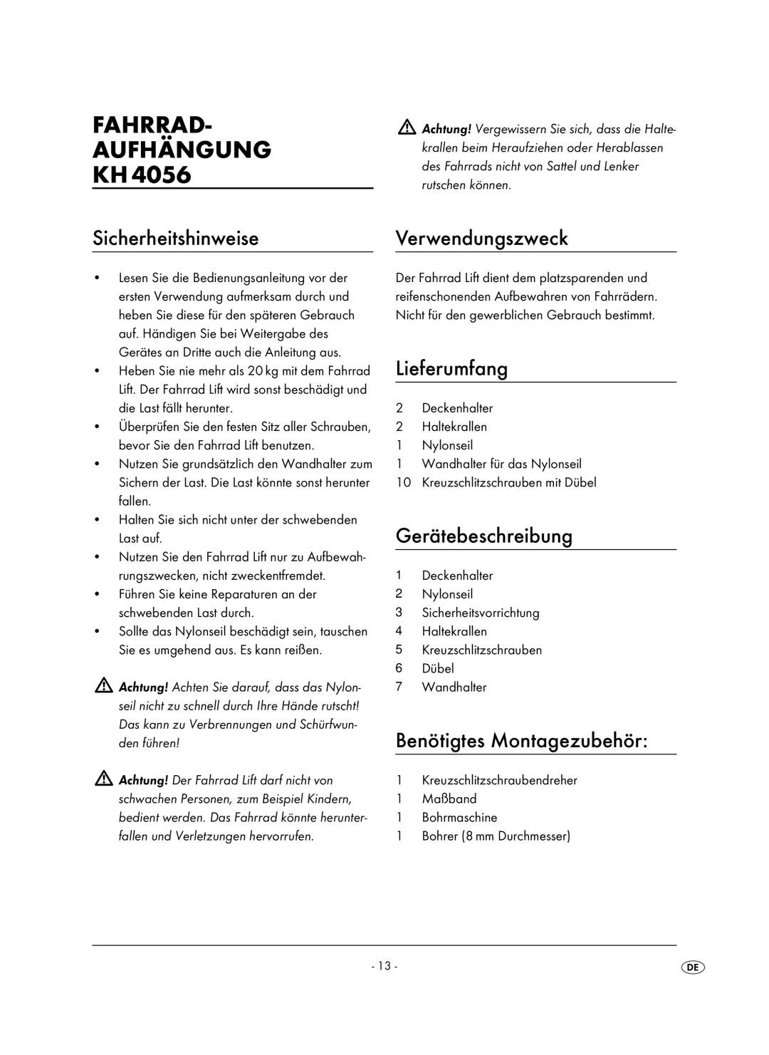 Kompernass KH 4056 operating instructions Fahrrad Aufhängung 