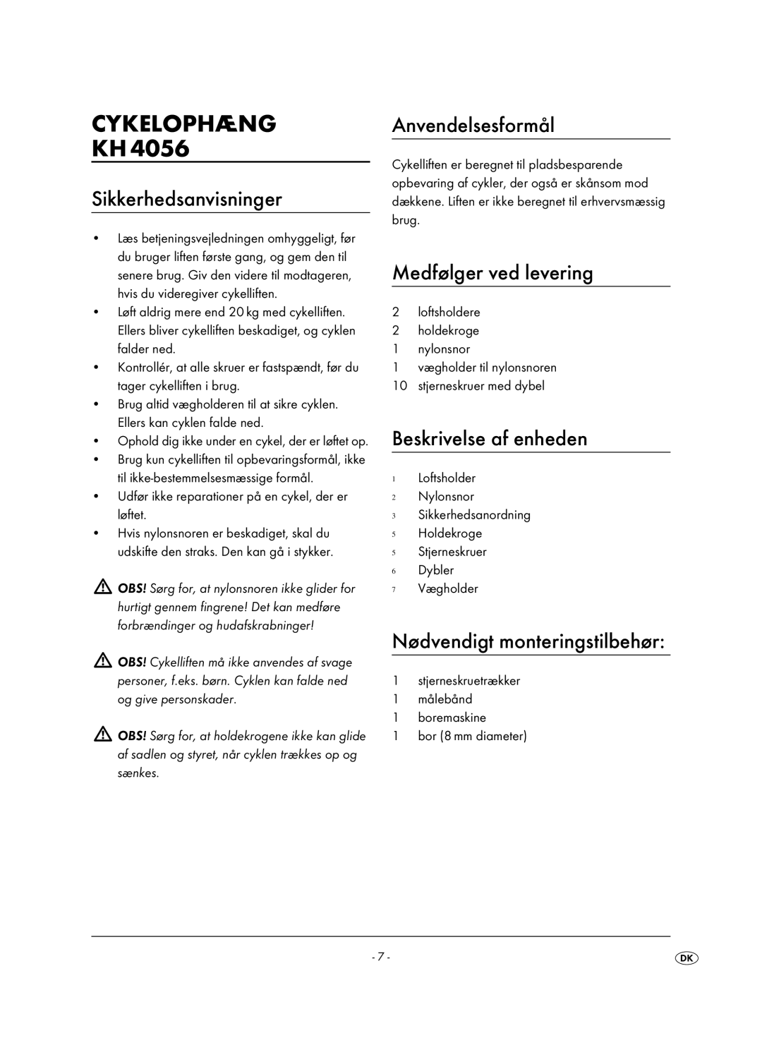 Kompernass KH 4056 operating instructions Cykelophæng 