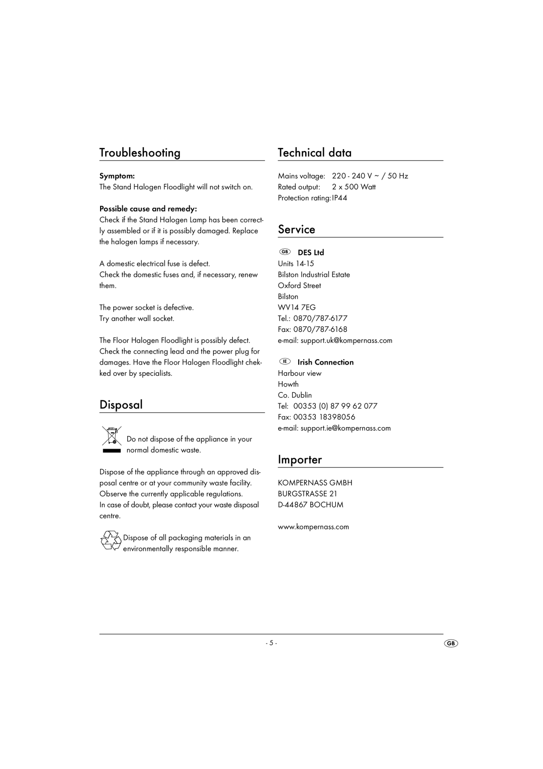 Kompernass KH 4077 manual Troubleshooting Technical data, Disposal, Service, Importer 