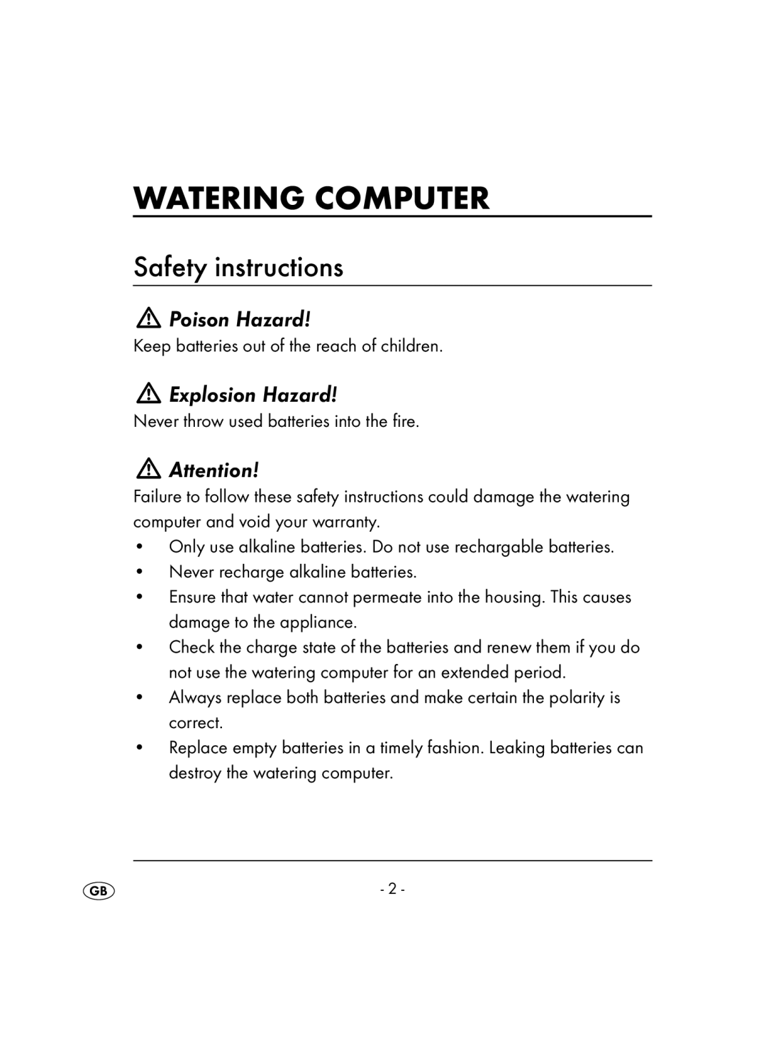 Kompernass KH 4083 manual Watering Computer, Safety instructions 