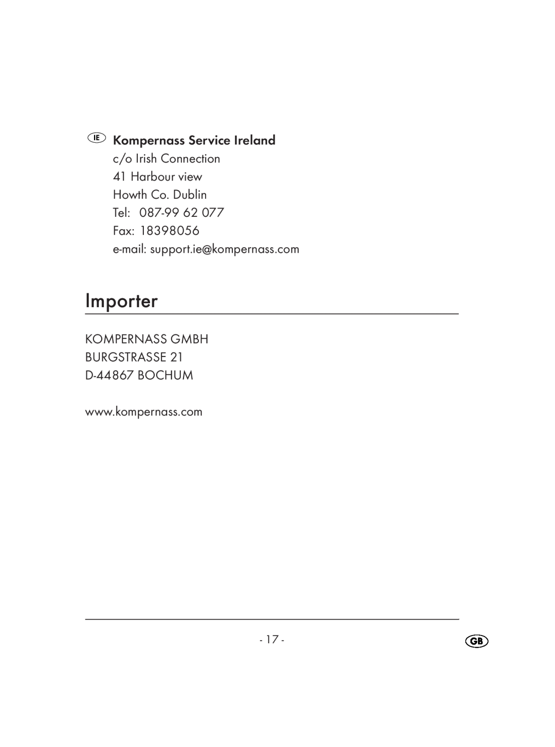 Kompernass KH 4083 manual Importer, KOMPERNASS GMBH BURGSTRASSE D-44867BOCHUM 