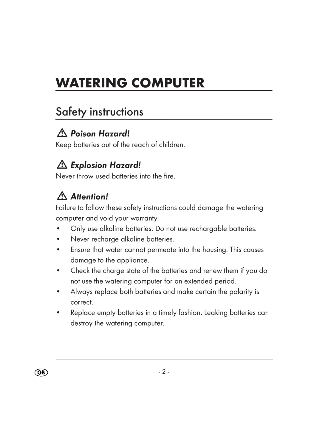 Kompernass KH 4083 manual Watering Computer, Safety instructions, Poison Hazard, Explosion Hazard 