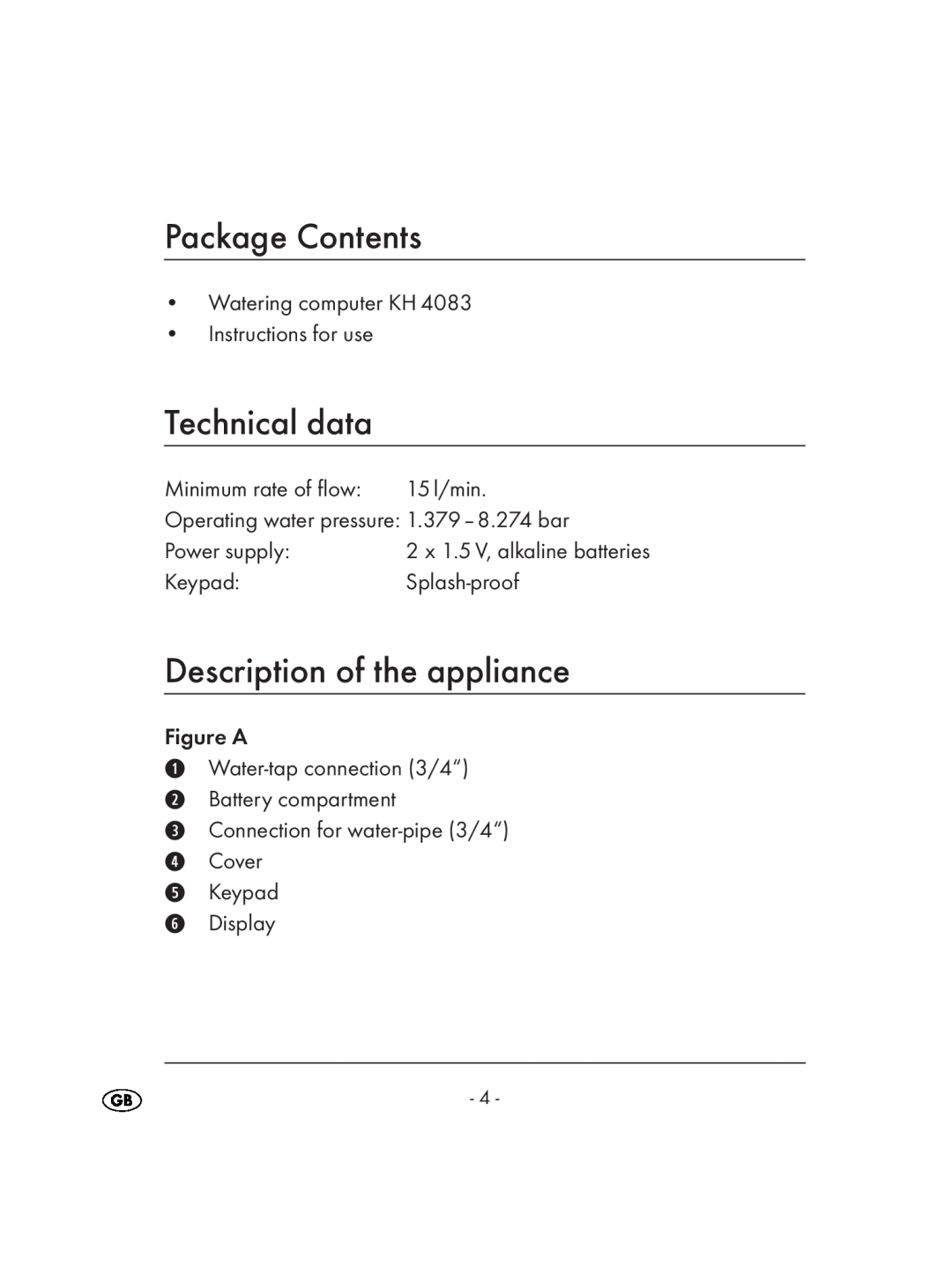 Kompernass KH 4083 manual Package Contents, Technical data, Description of the appliance 