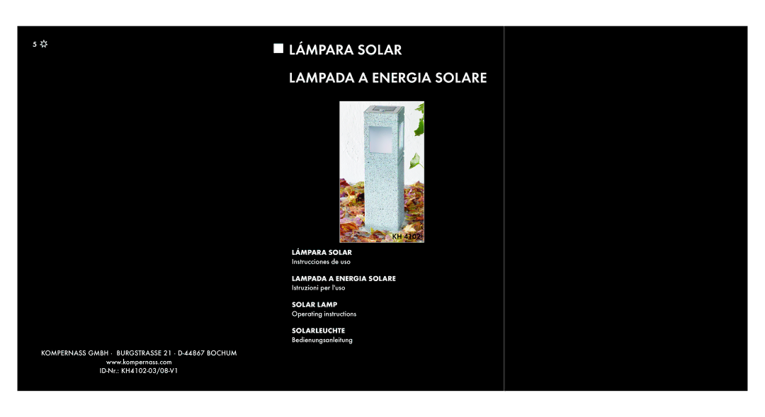 Kompernass KH 4102 manual Lámpara Solar Lampada a Energia Solare 