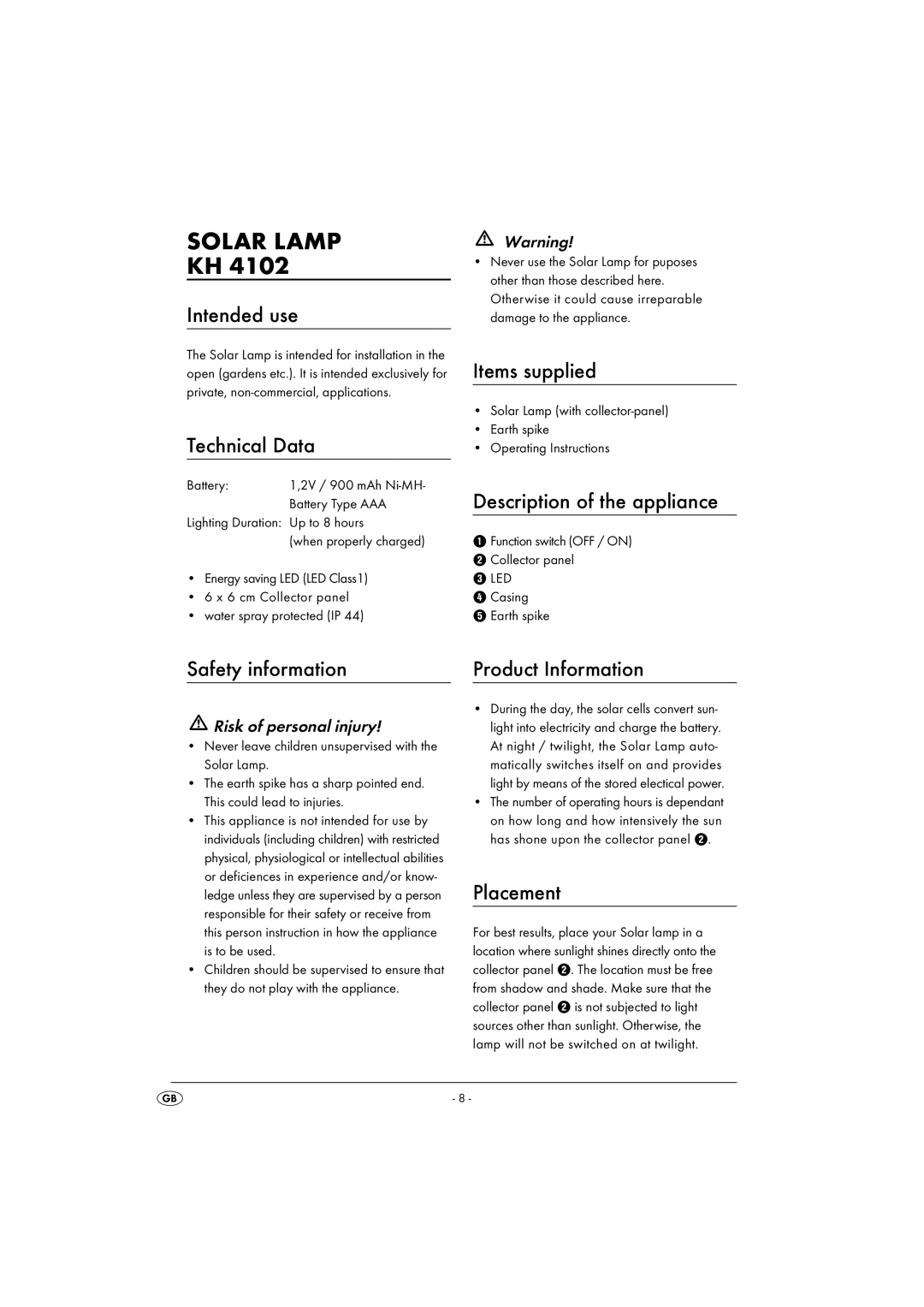 Kompernass KH 4102 manual Intended use, Technical Data, Items supplied, Description of the appliance, Safety information 