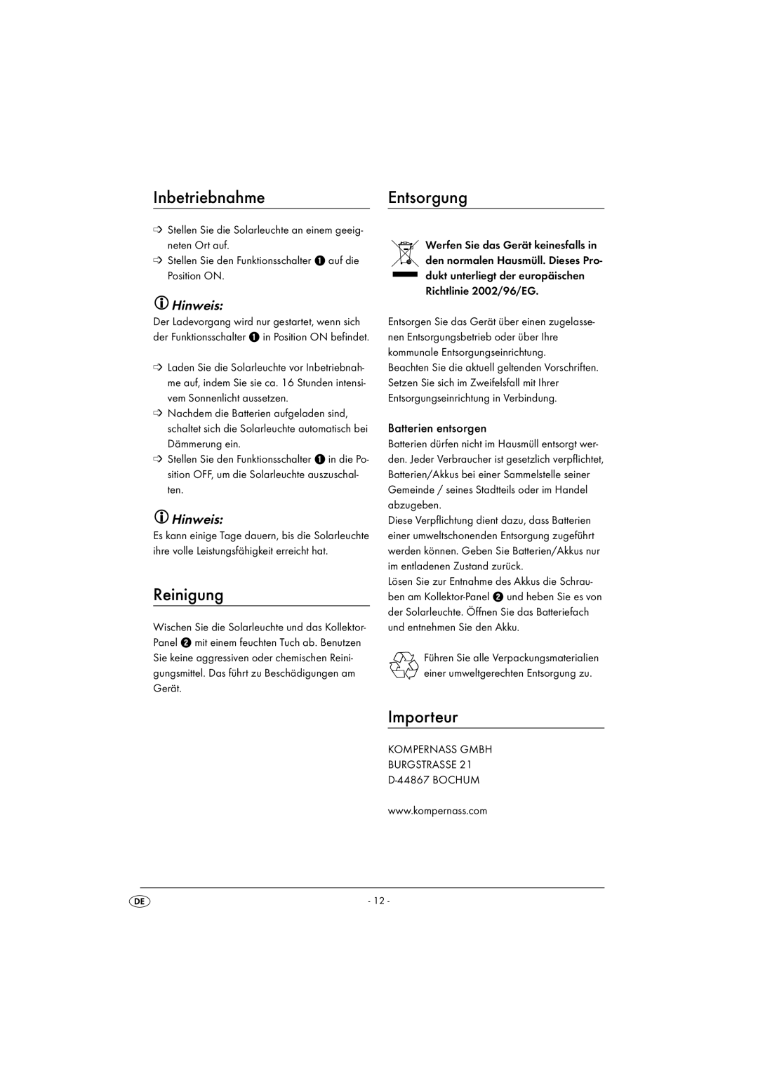 Kompernass KH 4102 manual Inbetriebnahme Entsorgung, Reinigung, Importeur, Hinweis, Batterien entsorgen 