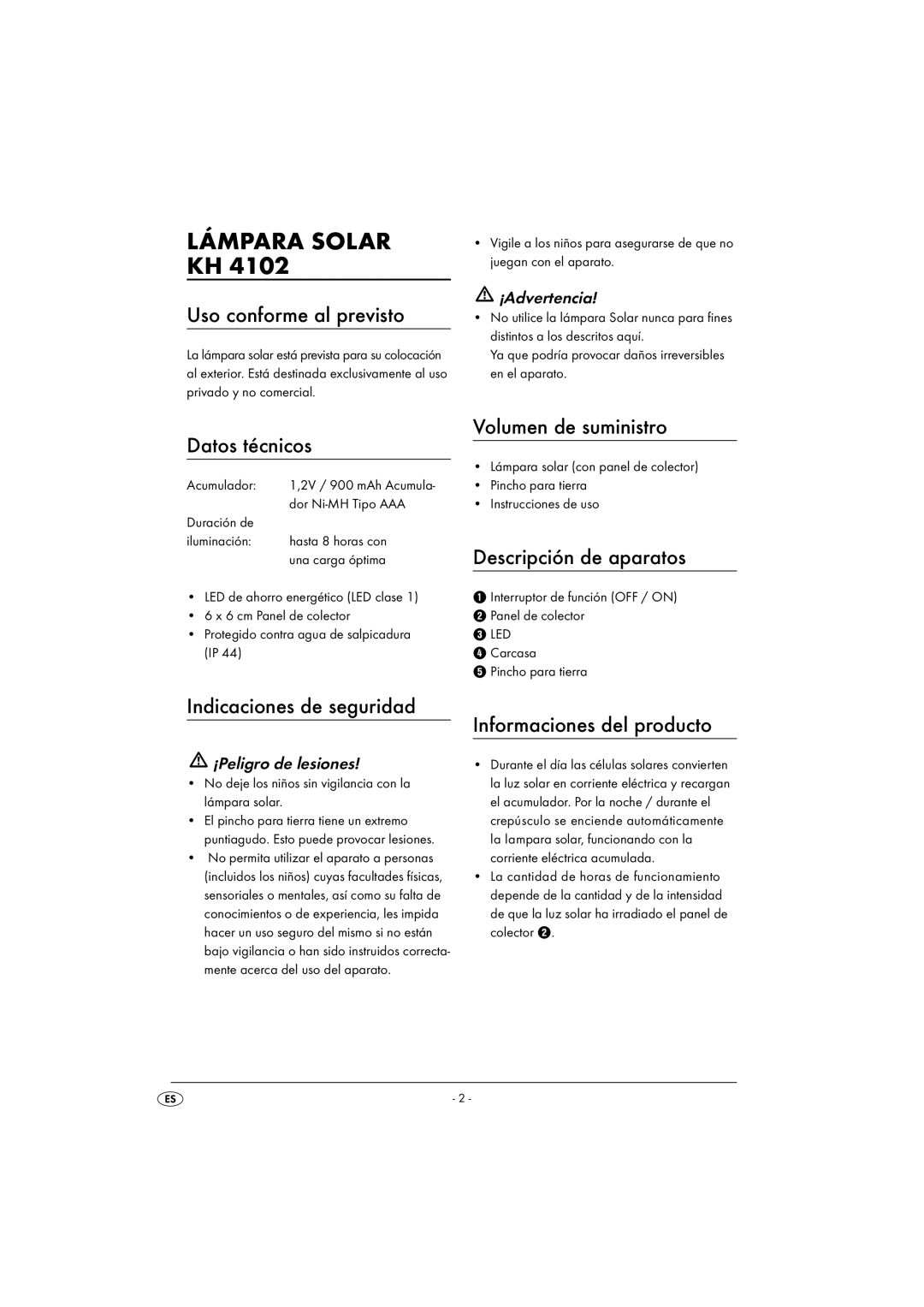 Kompernass KH 4102 manual Lámpara Solar KH 