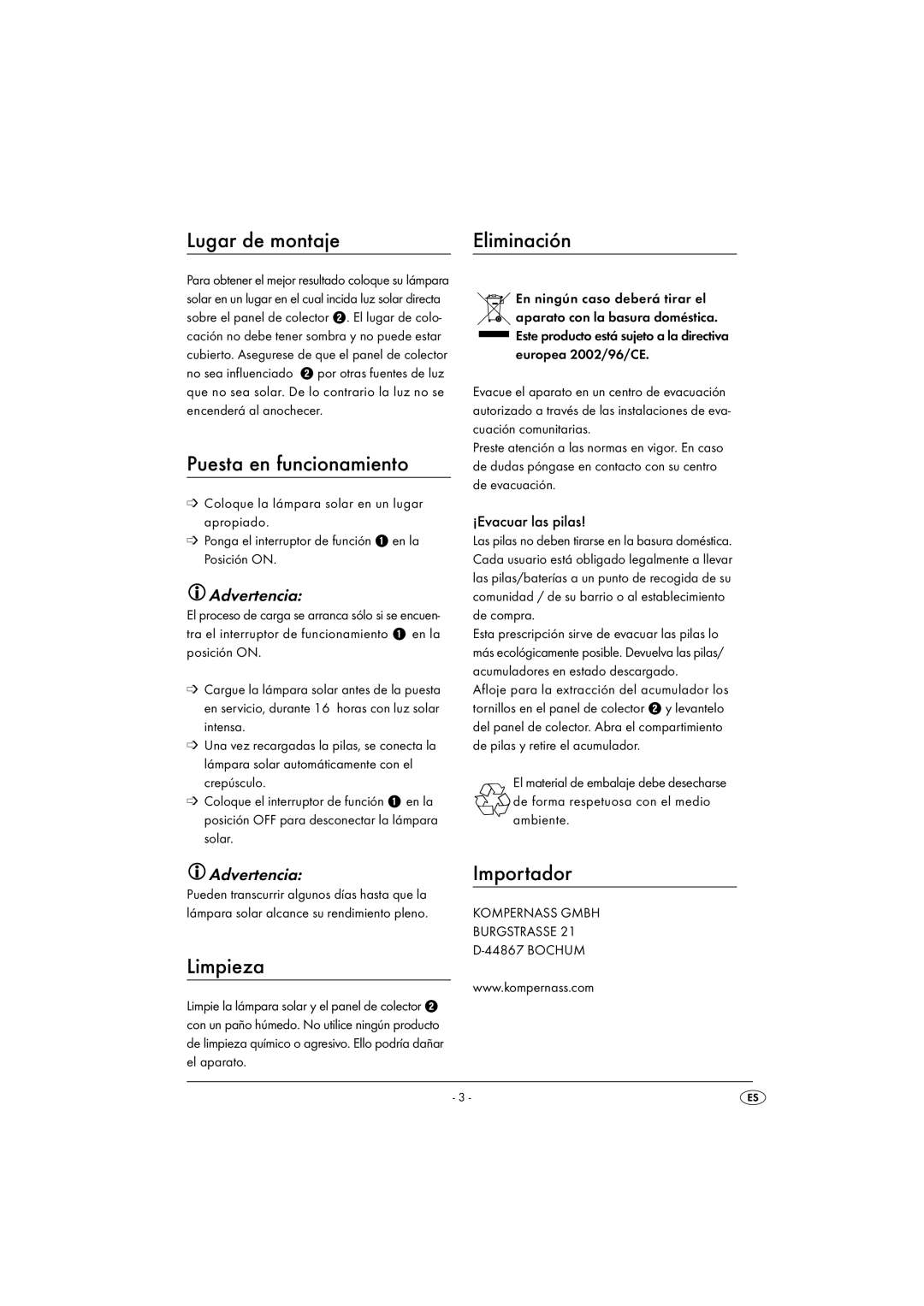 Kompernass KH 4102 manual Lugar de montaje Eliminación, Puesta en funcionamiento, Limpieza, AdvertenciaImportador 