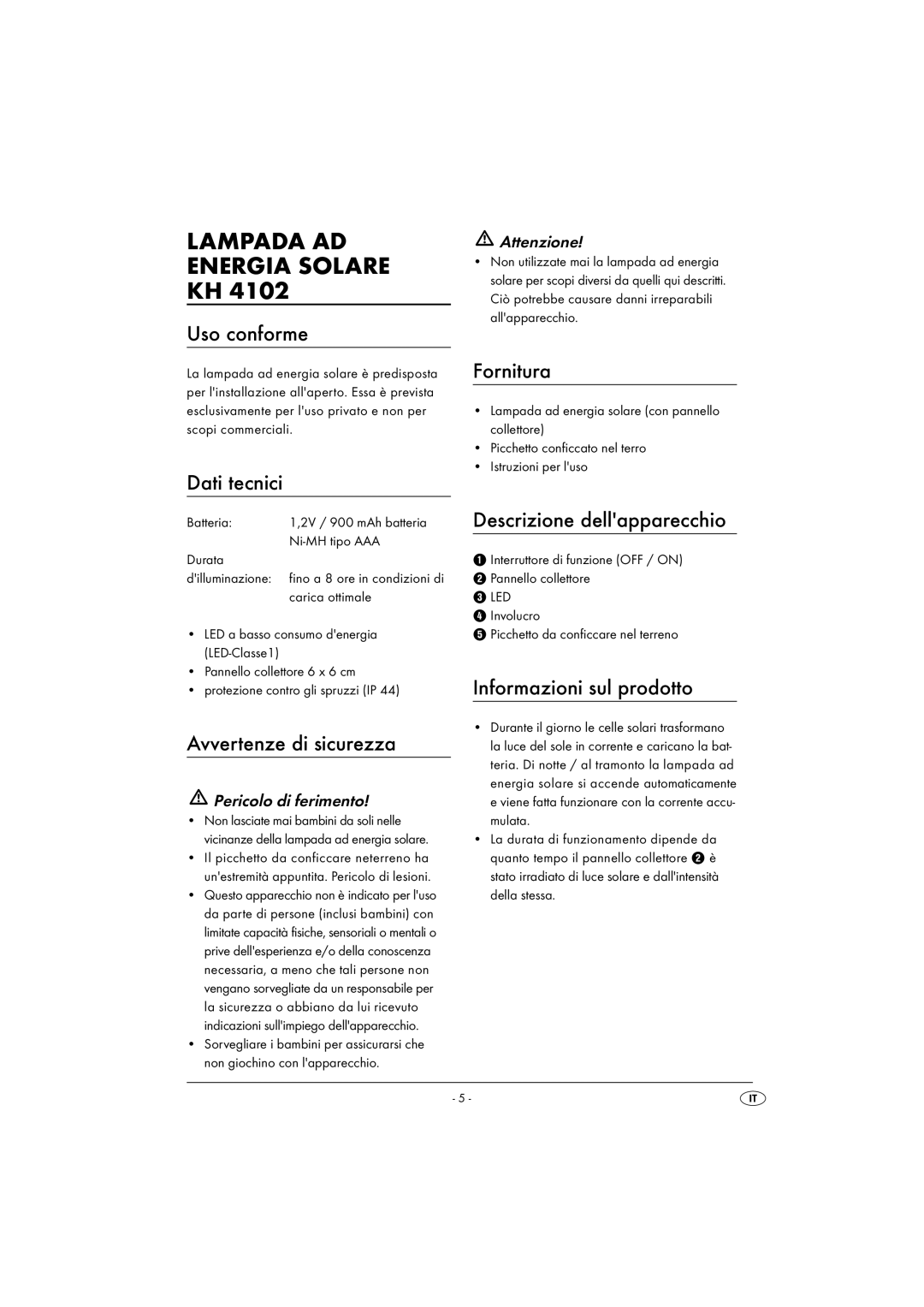 Kompernass KH 4102 manual Lampada AD Energia Solare KH 