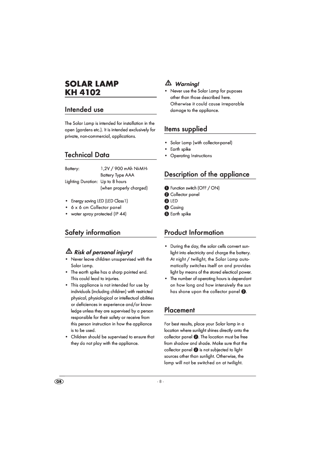 Kompernass KH 4102 Solar Lamp Kh, Intended use, Technical Data, Items supplied, Description of the appliance, Placement 