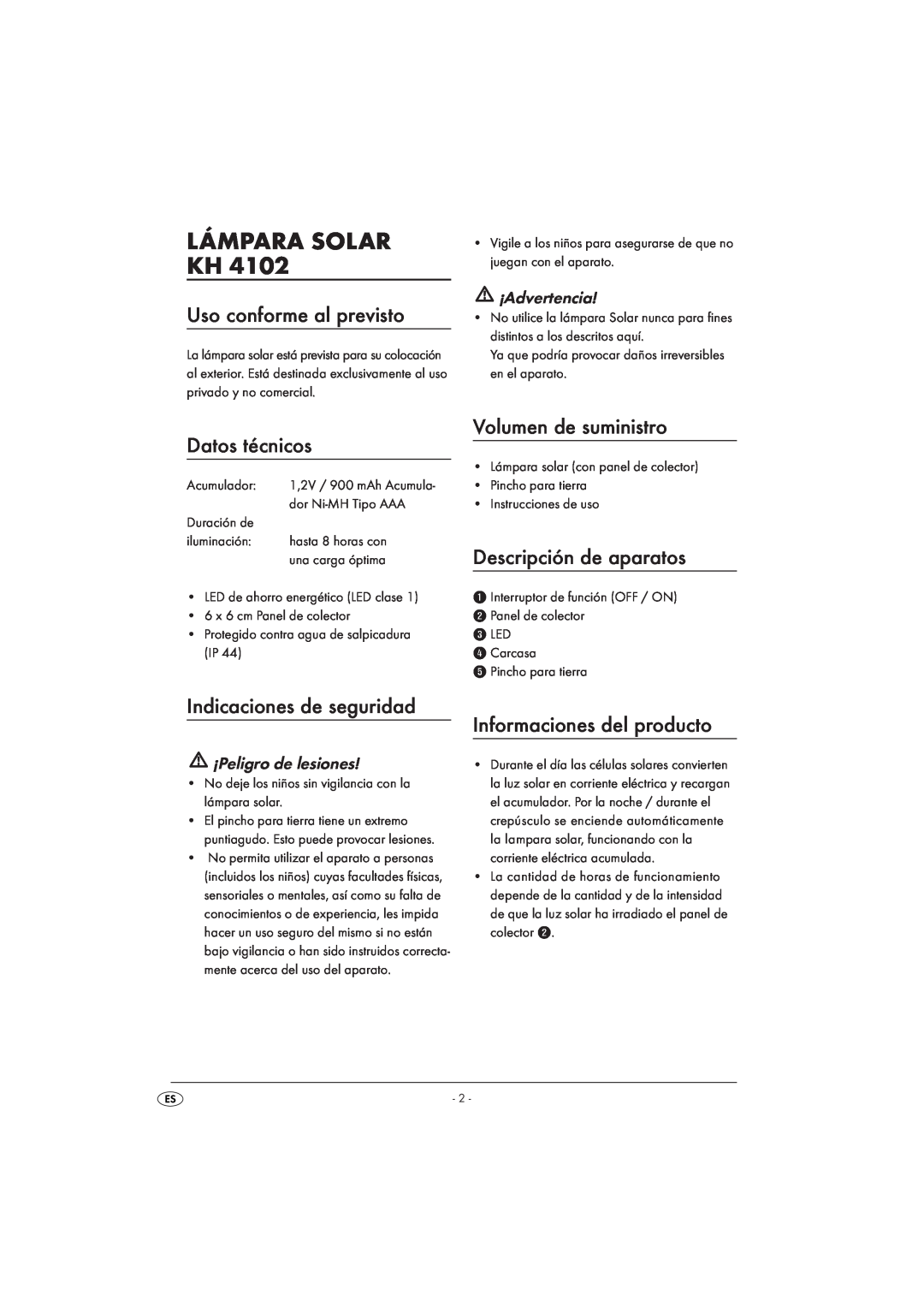 Kompernass KH 4102 manual Lámpara Solar Kh, Uso conforme al previsto, Datos técnicos, Volumen de suministro, ¡Advertencia 
