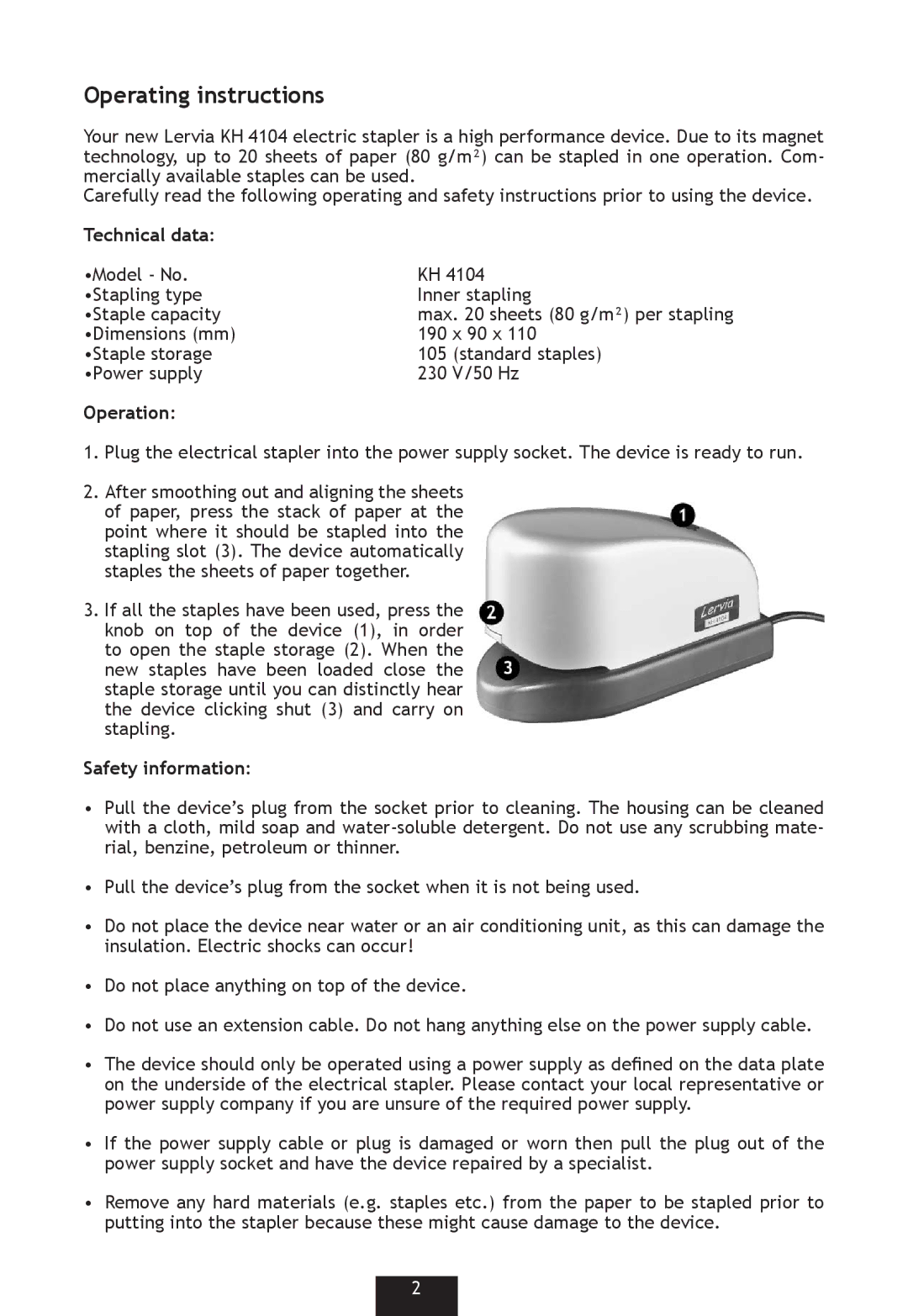 Kompernass KH 4104 operating instructions Technical data, Operation, Safety information 