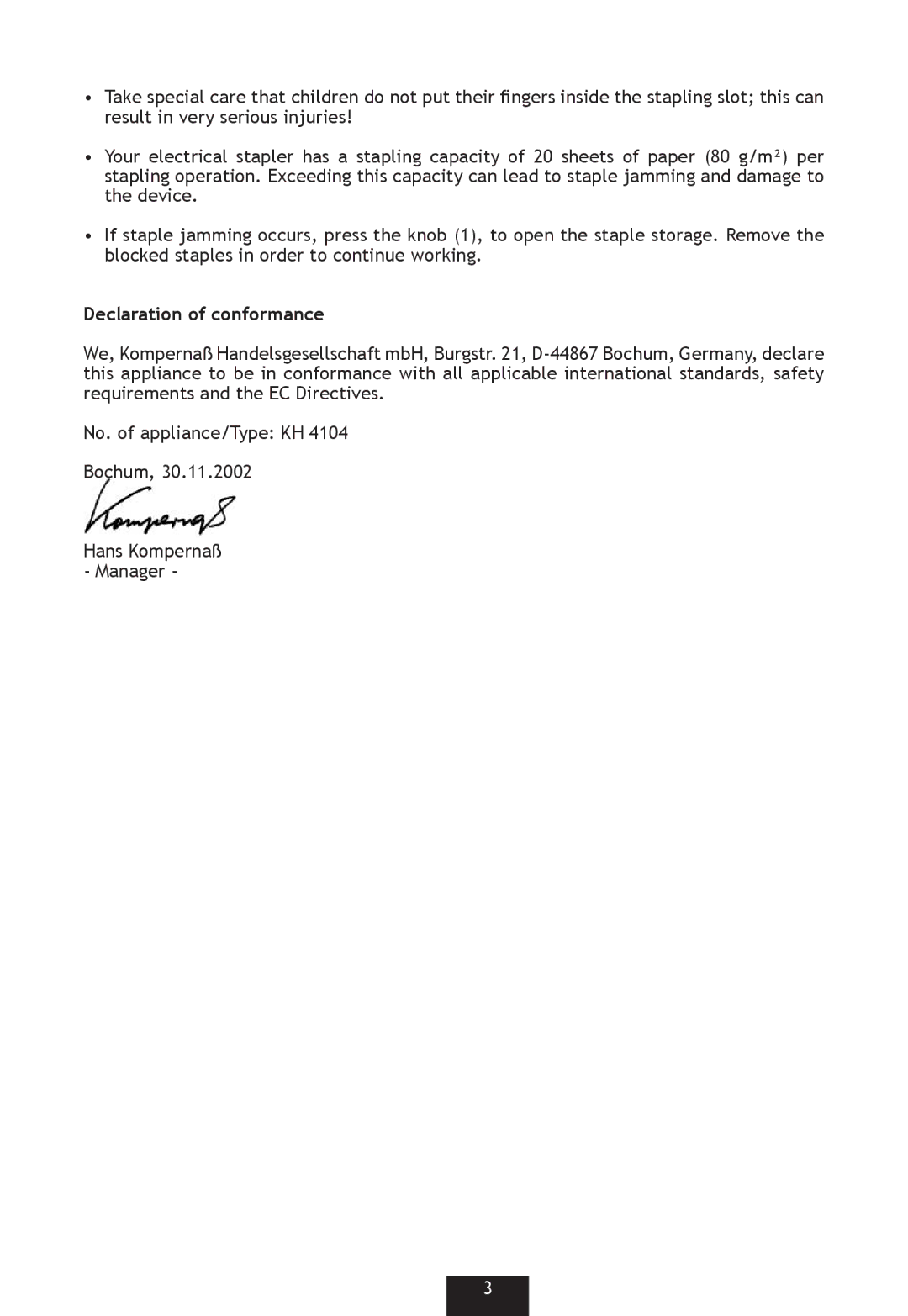 Kompernass KH 4104 operating instructions Declaration of conformance 