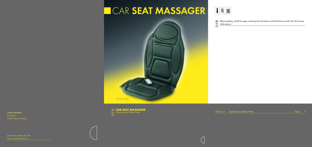 Kompernass KH 4105 manual CAR Seat Massager, KH4105 