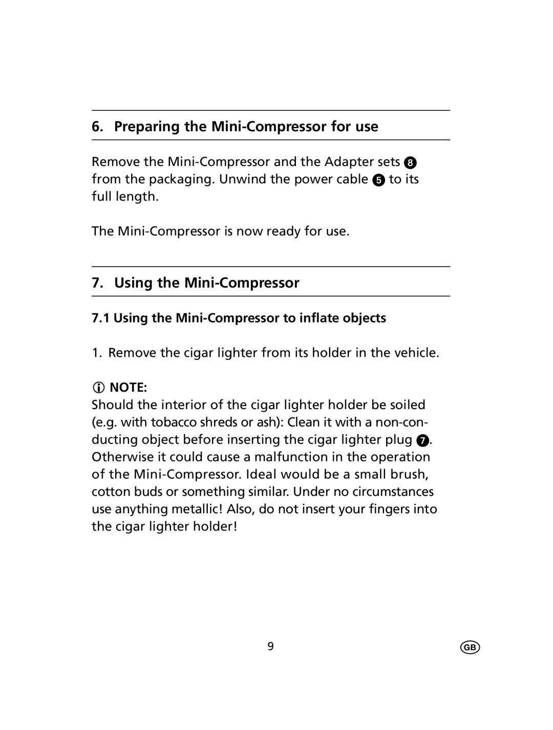 Kompernass KH 4106 manual Using the Mini-Compressor to inflate objects 